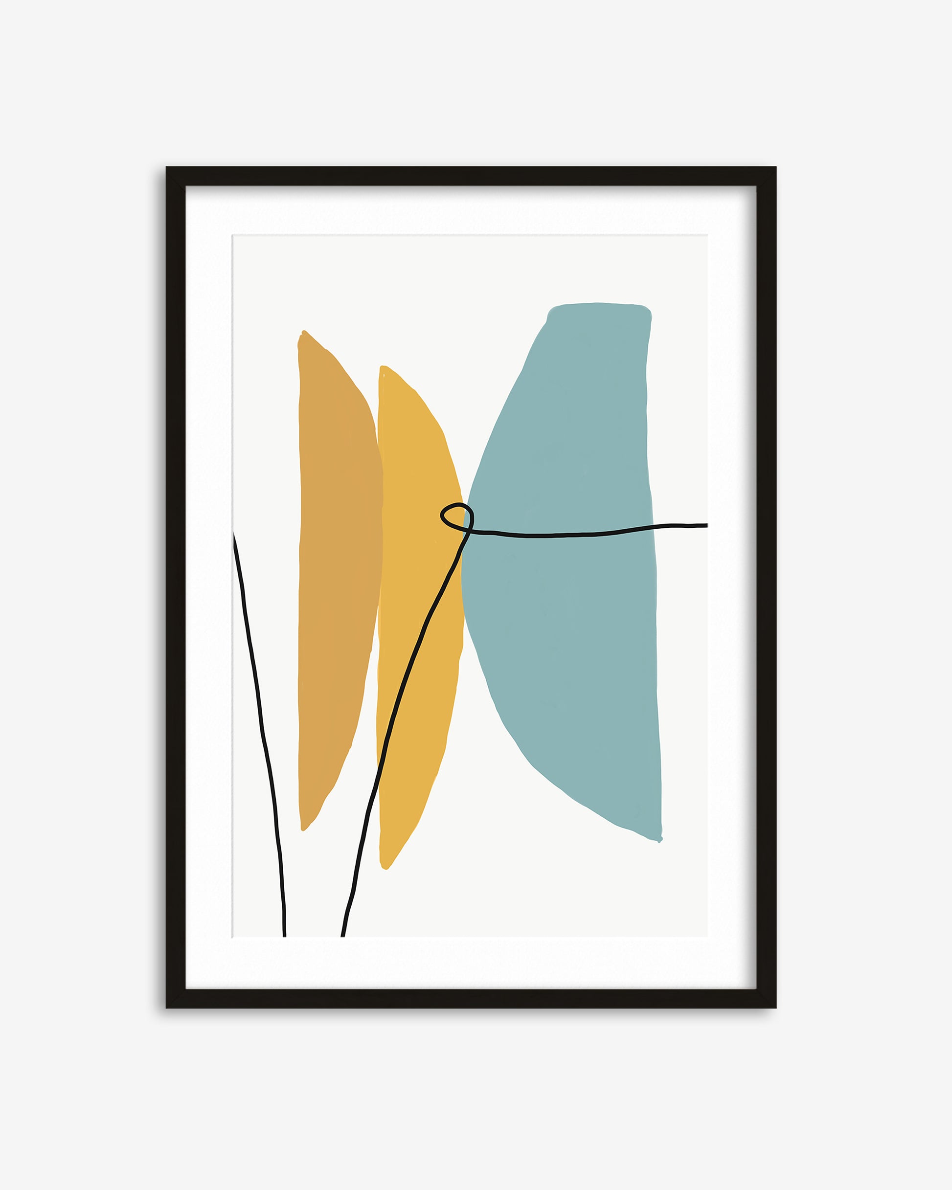 Framed abstract art print with blue and yellow shapes on a white background