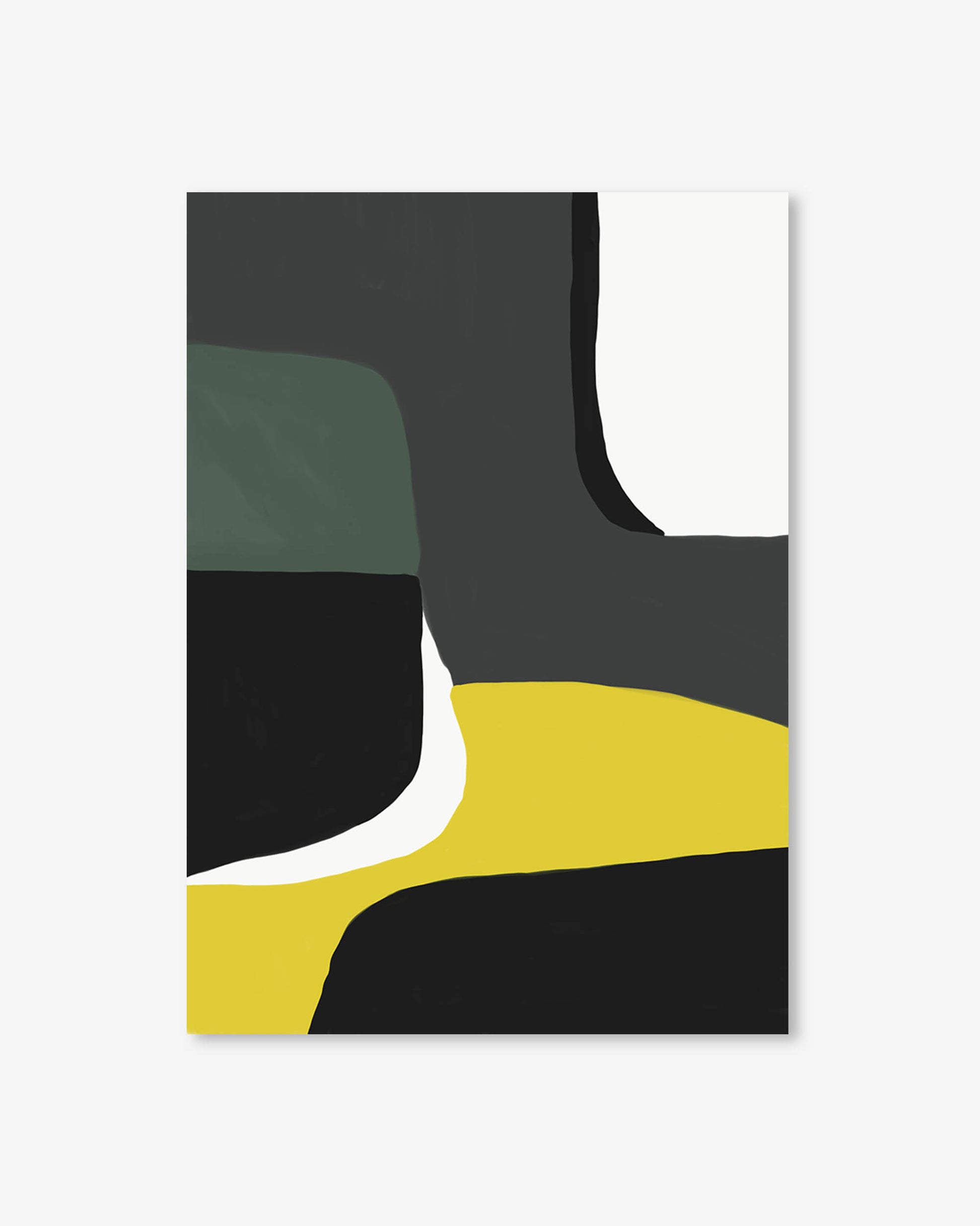 Abstract art print with geometric shapes in black, yellow, and gray on a white background