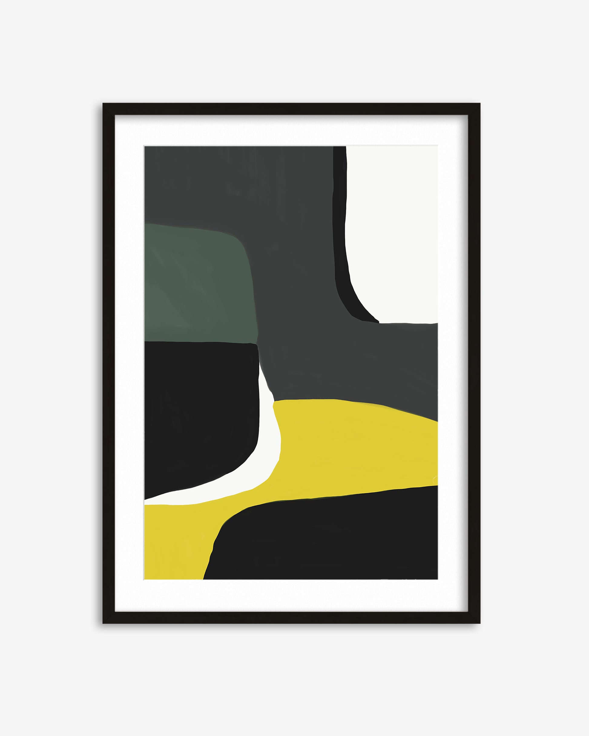 Framed abstract art print with geometric shapes in black, yellow, and gray on a white background