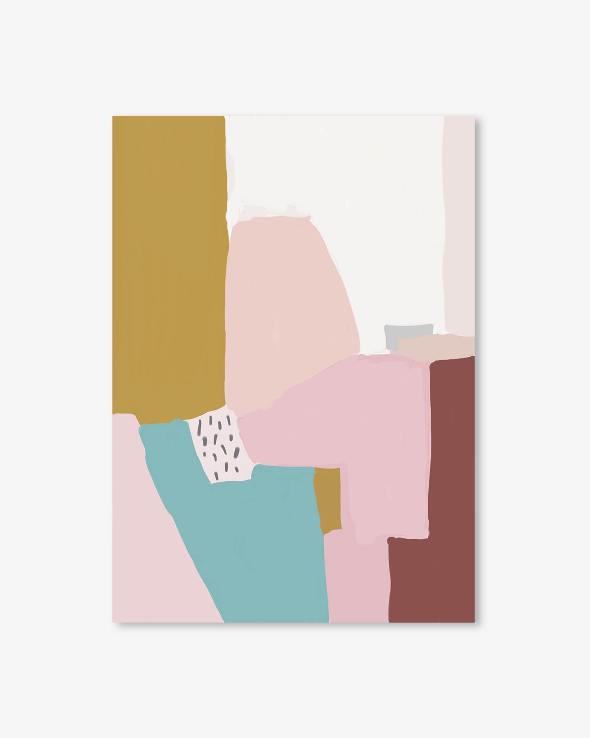 Abstract art print with geometric shapes in pastel colors on a white background
