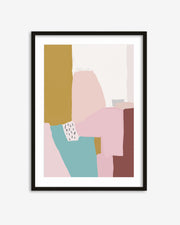 Framed abstract art print with geometric shapes in pink, gold, and blue on a white background