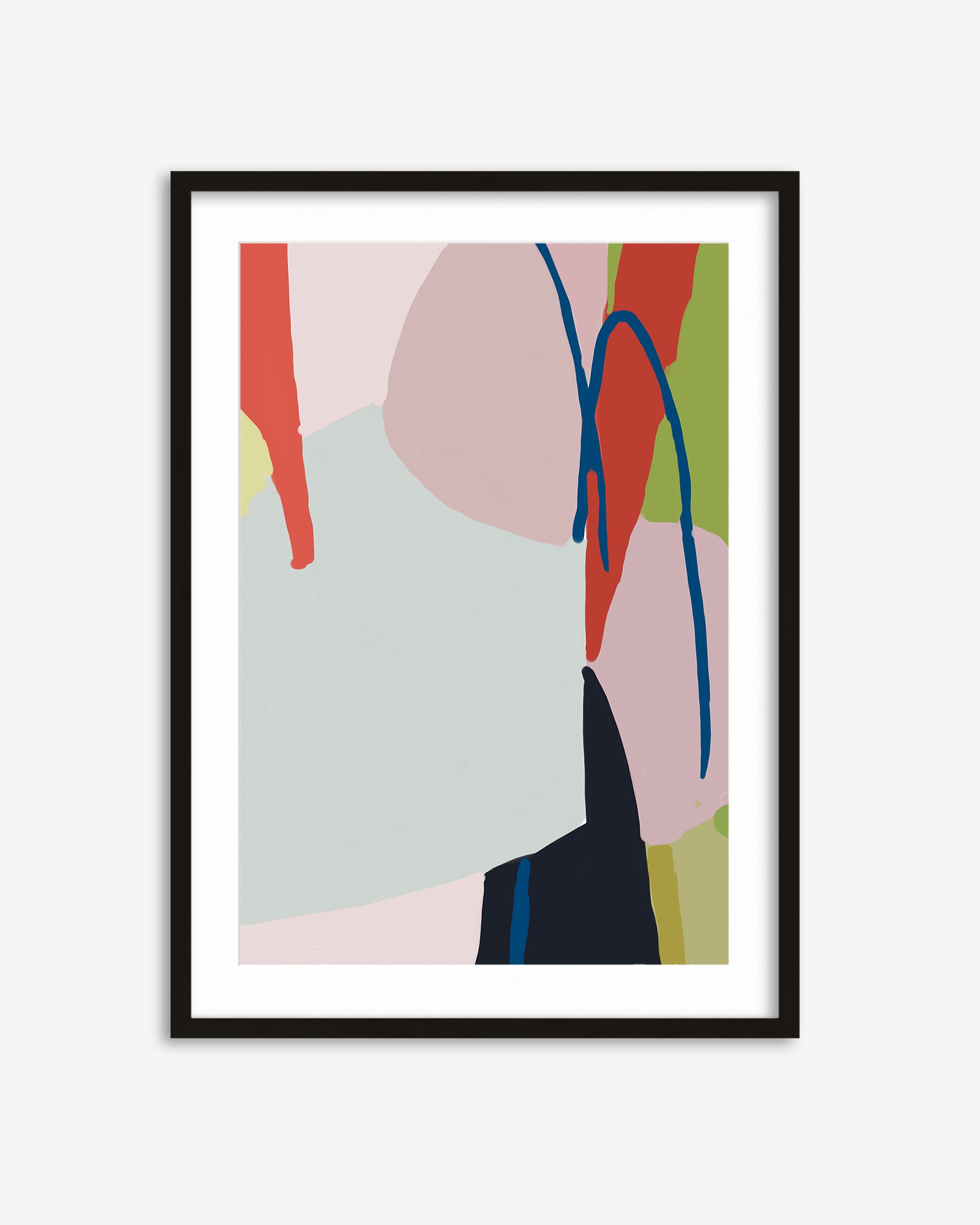 Framed abstract art print with colorful shapes on a white background