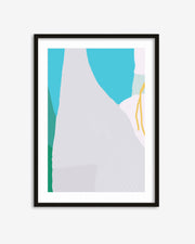 Framed abstract art print with blue and green shapes on a white background