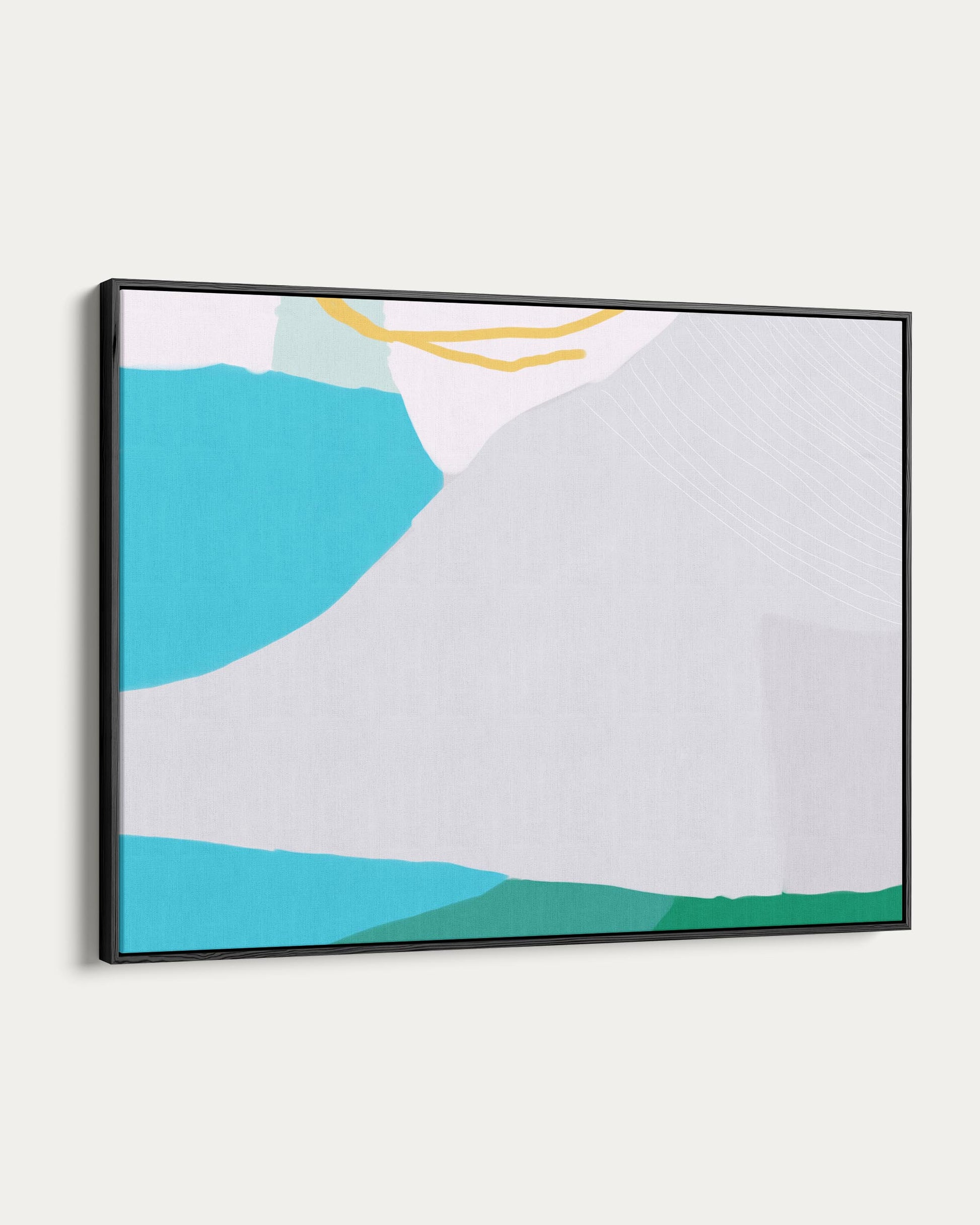 Abstract art print with blue, green, and white shapes on a light gray background, framed in black.