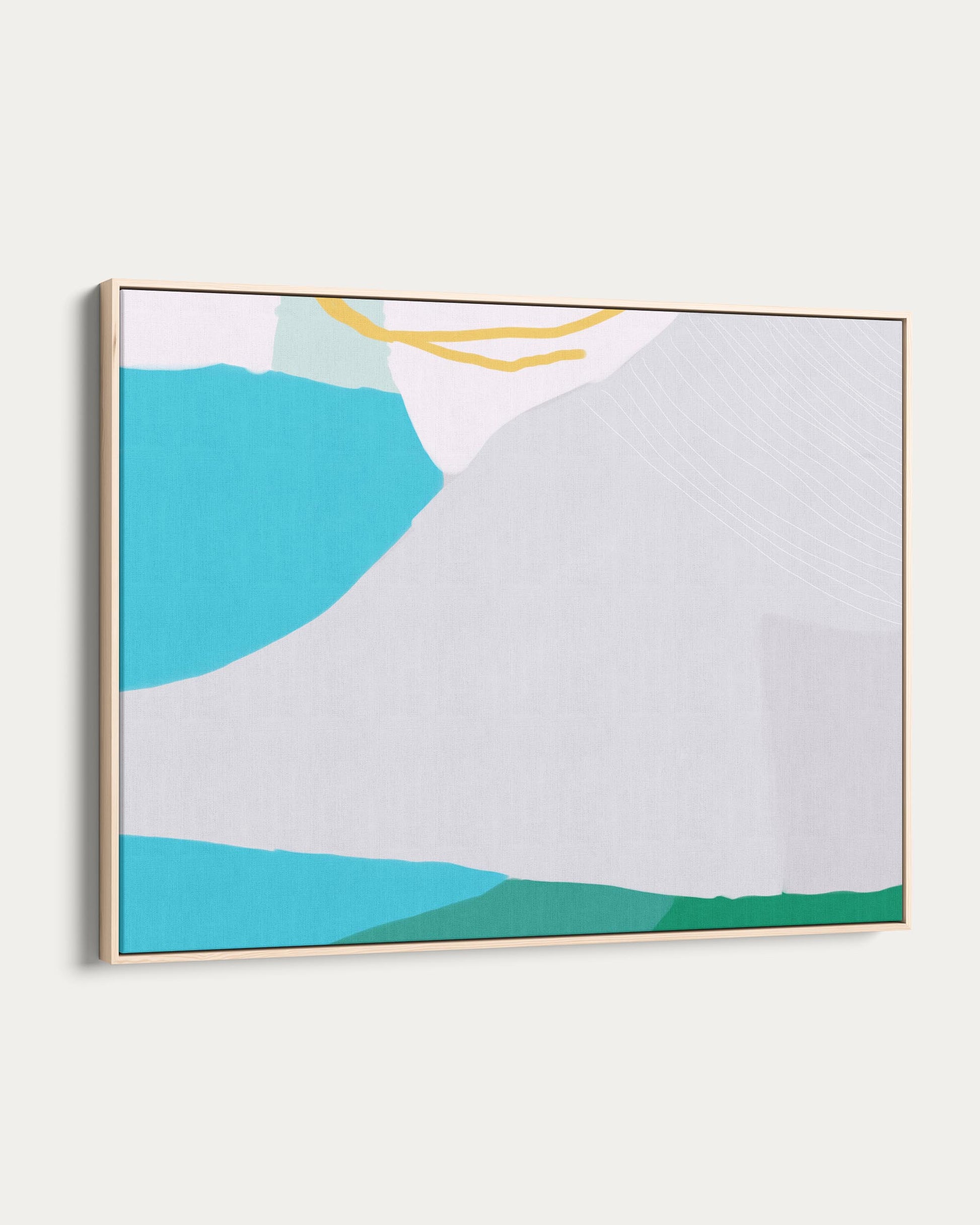 Abstract art piece with blue, green, and yellow colors on a white background