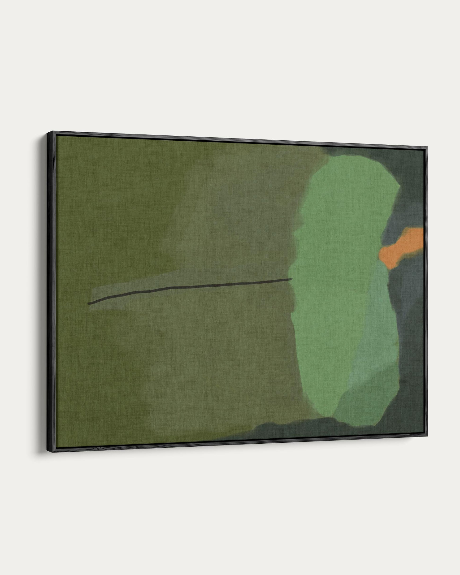 Abstract art piece with green and orange shapes on a textured background