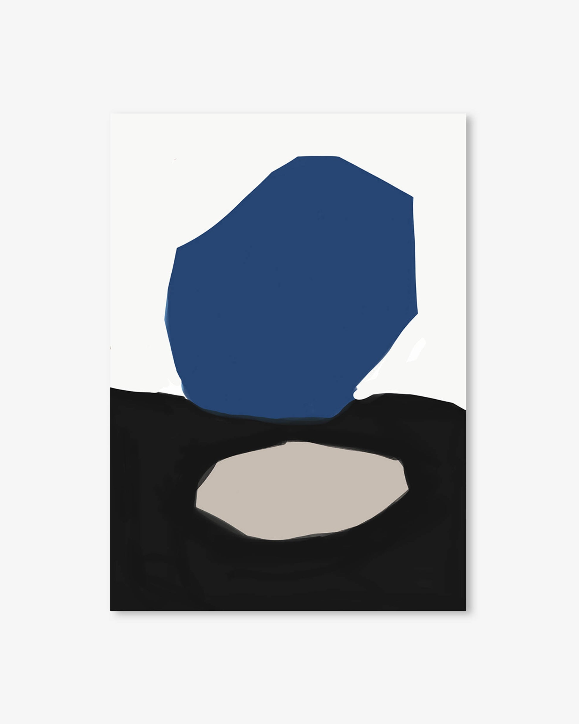 Abstract art piece with a blue geometric shape on a white background