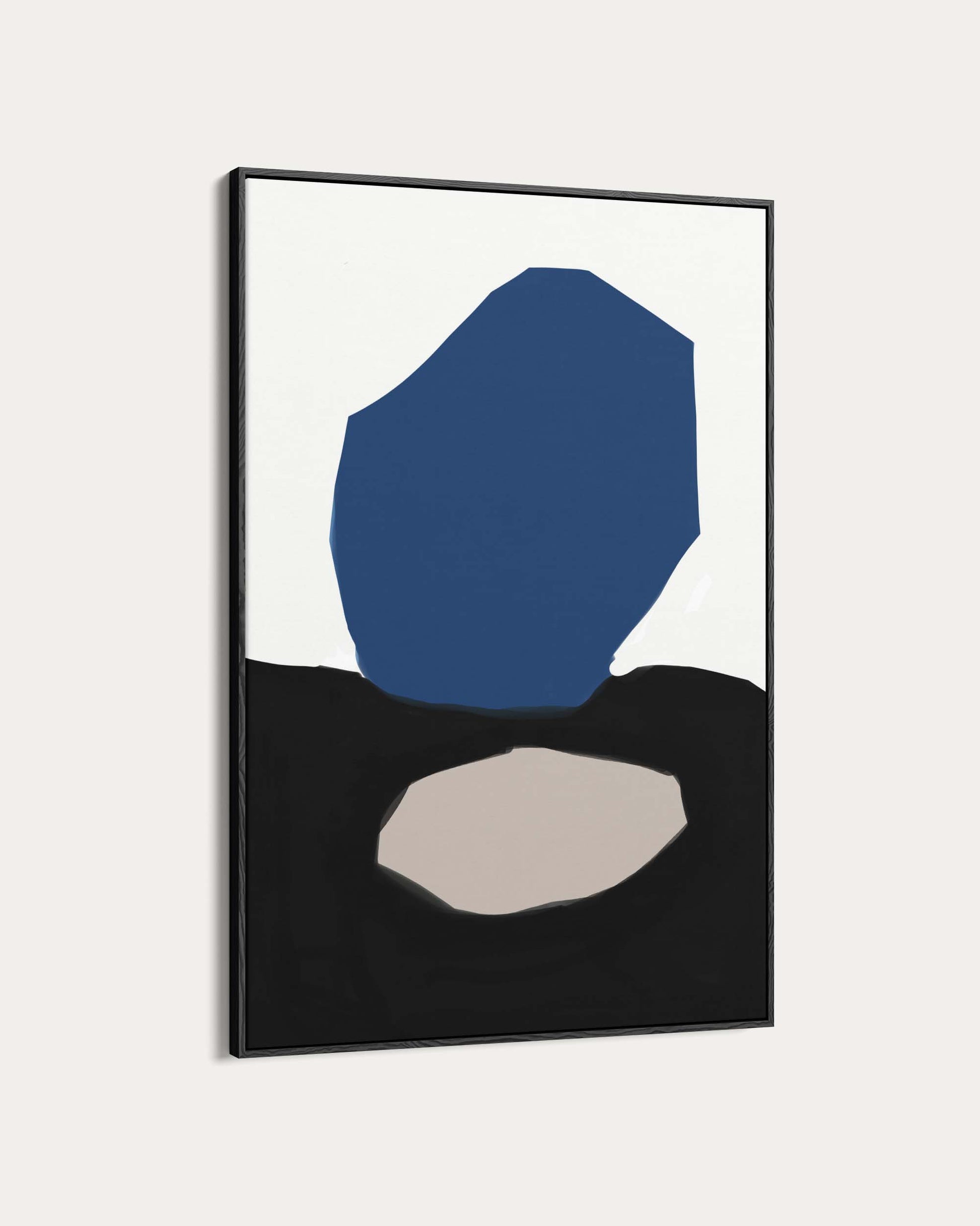Framed abstract art with blue and beige shapes on a white background