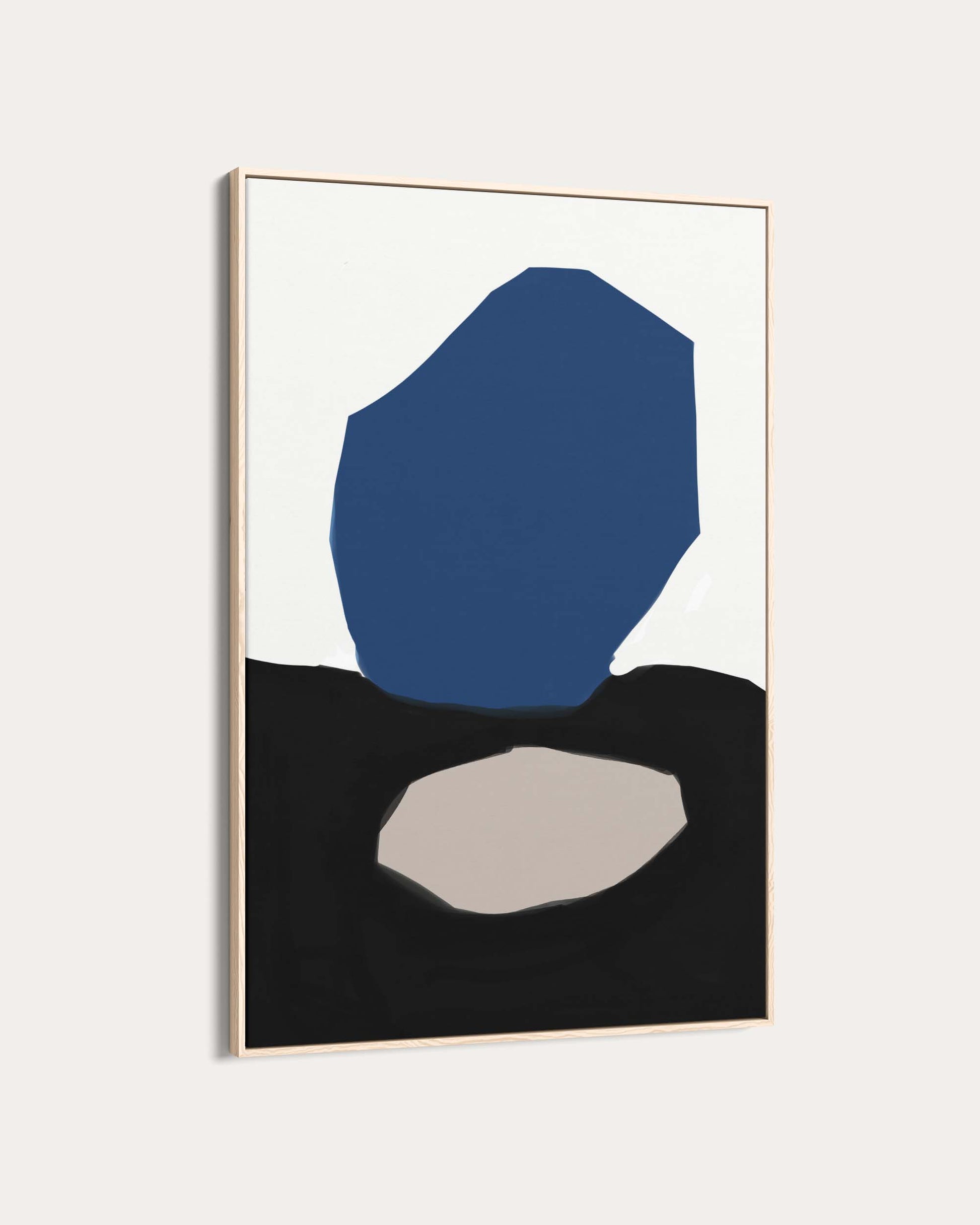 Abstract art print with a blue shape on a white background