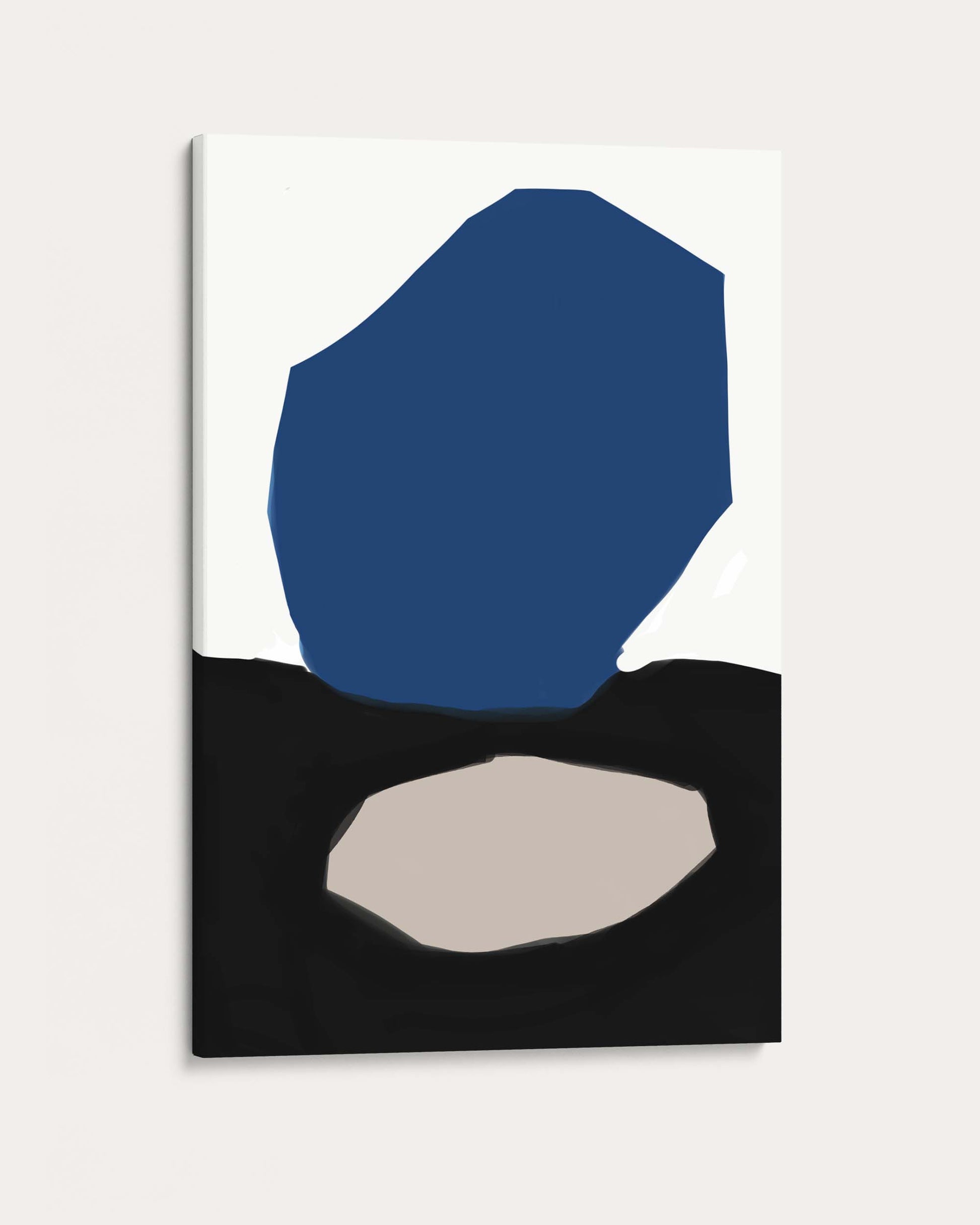 Abstract art piece with blue, black, and beige shapes on a white background