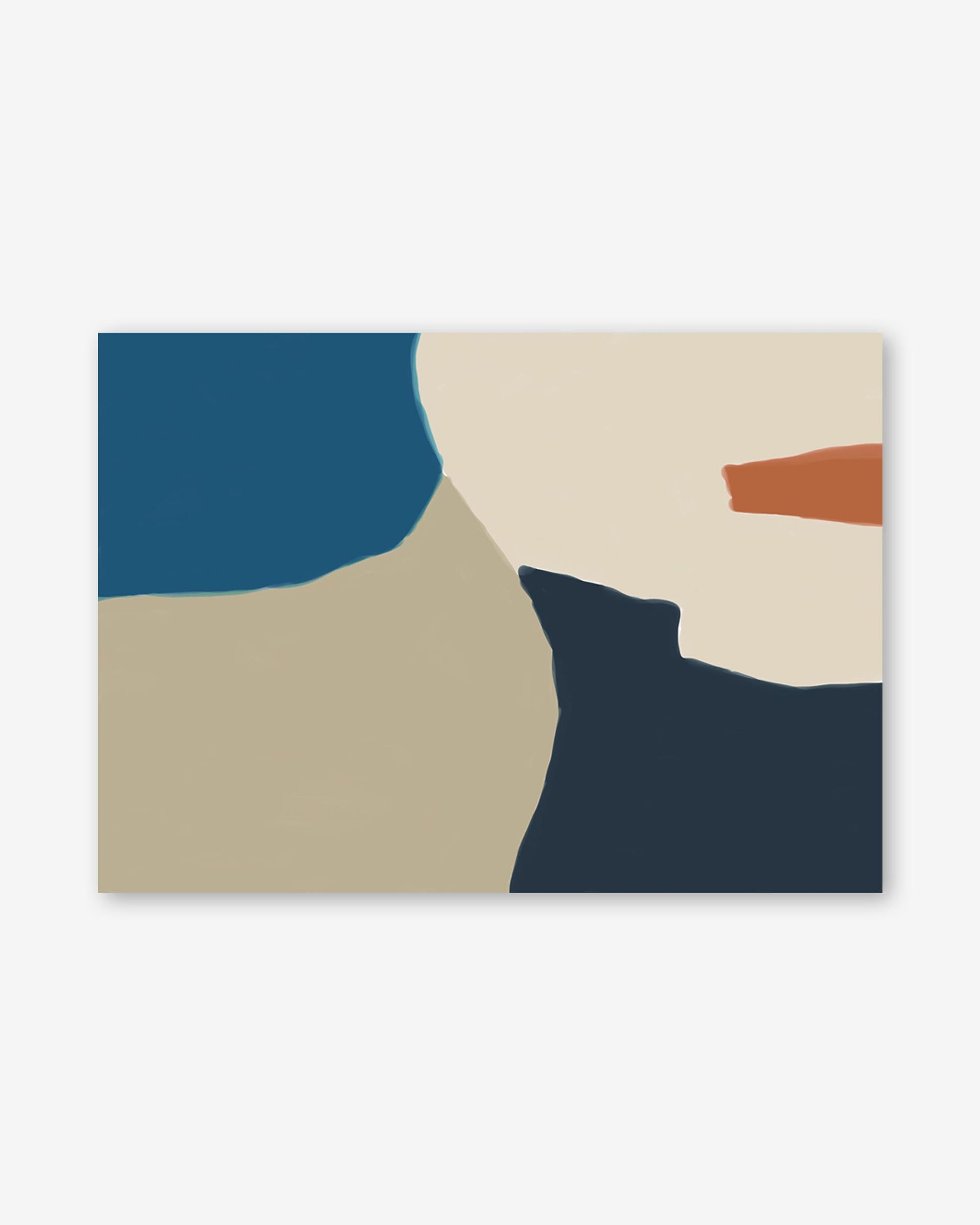 Abstract art piece with geometric shapes in blue, beige, and brown on a white background