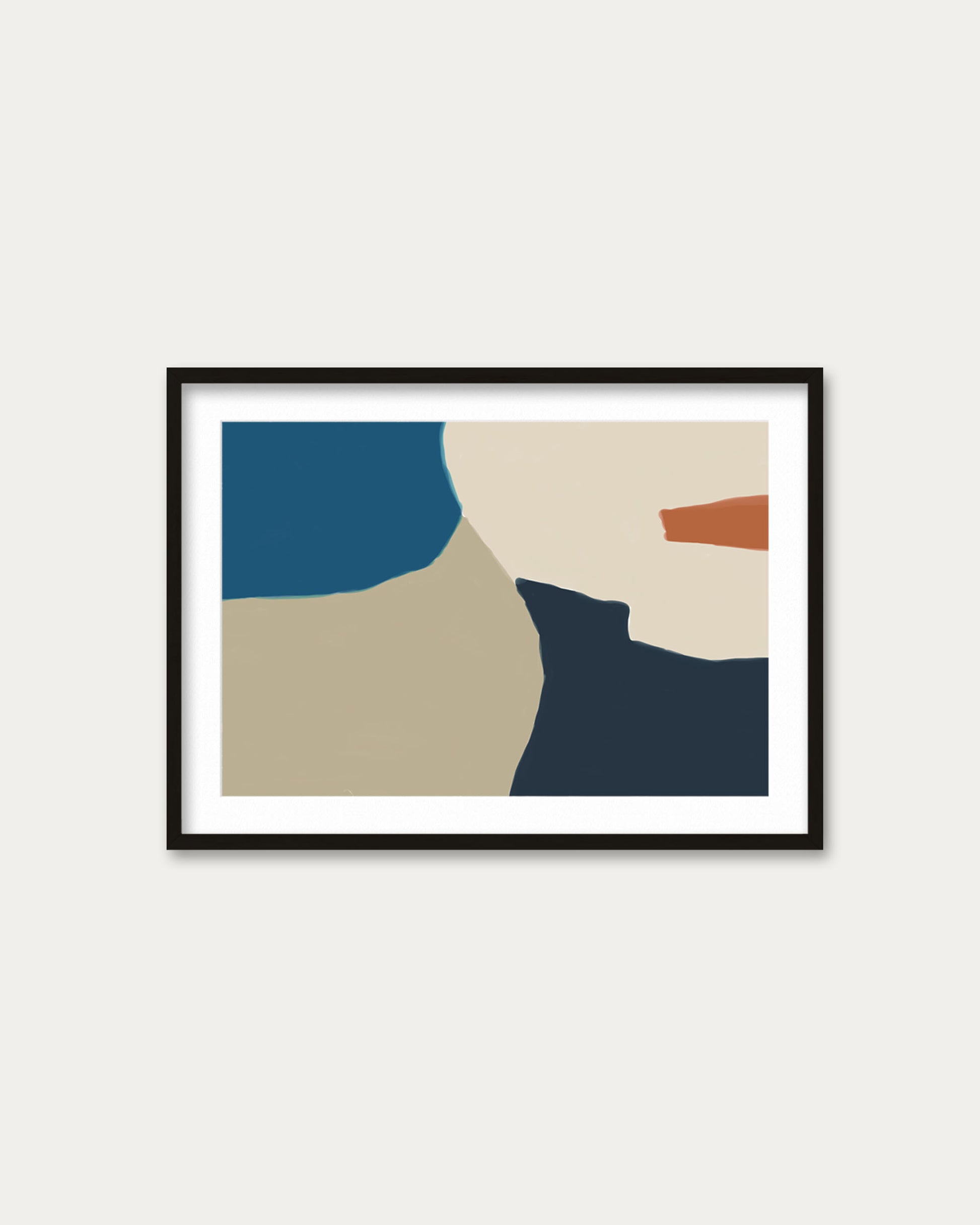 Framed abstract art print with geometric shapes on a light gray background