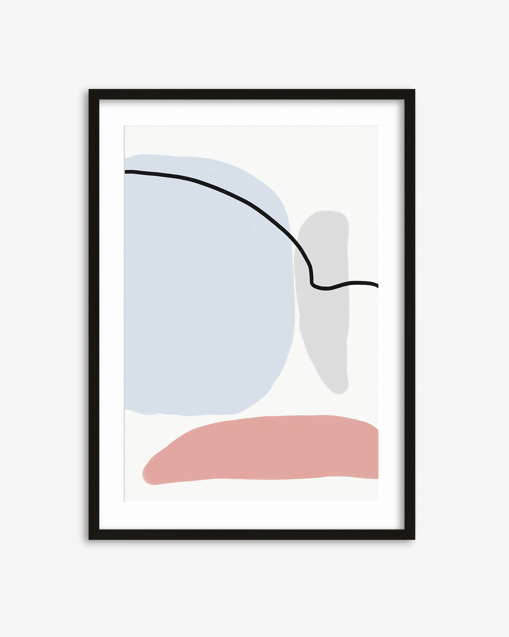 Framed abstract art print with geometric shapes on a white background
