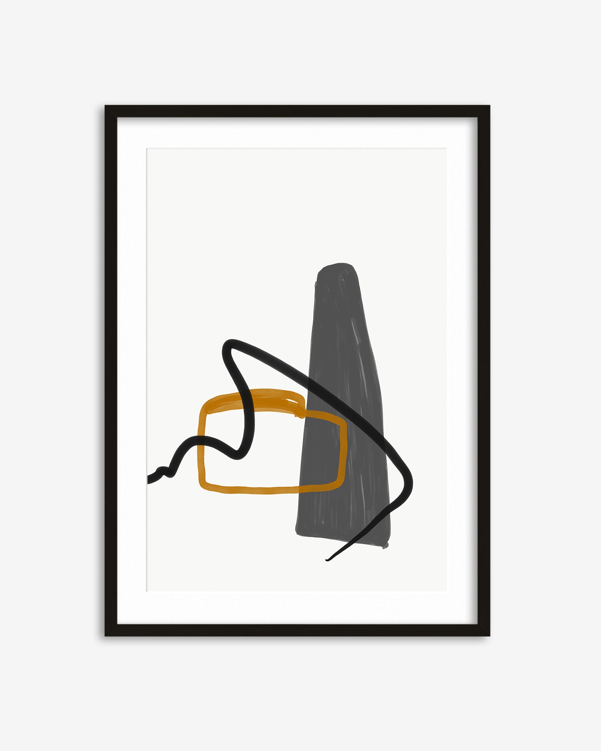 Framed abstract art print with black, orange, and gray shapes on a white background