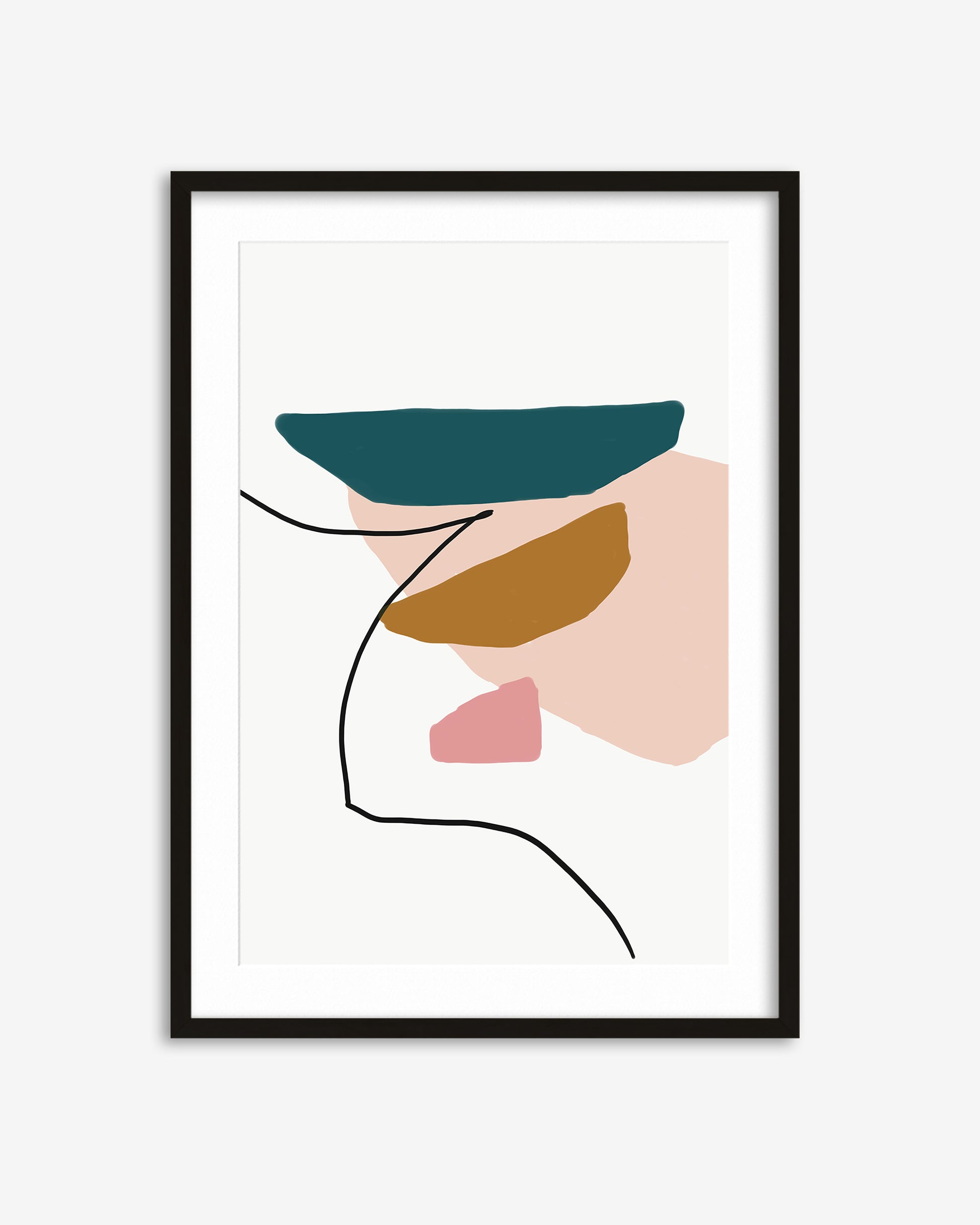 Framed abstract art print with geometric shapes on a white background