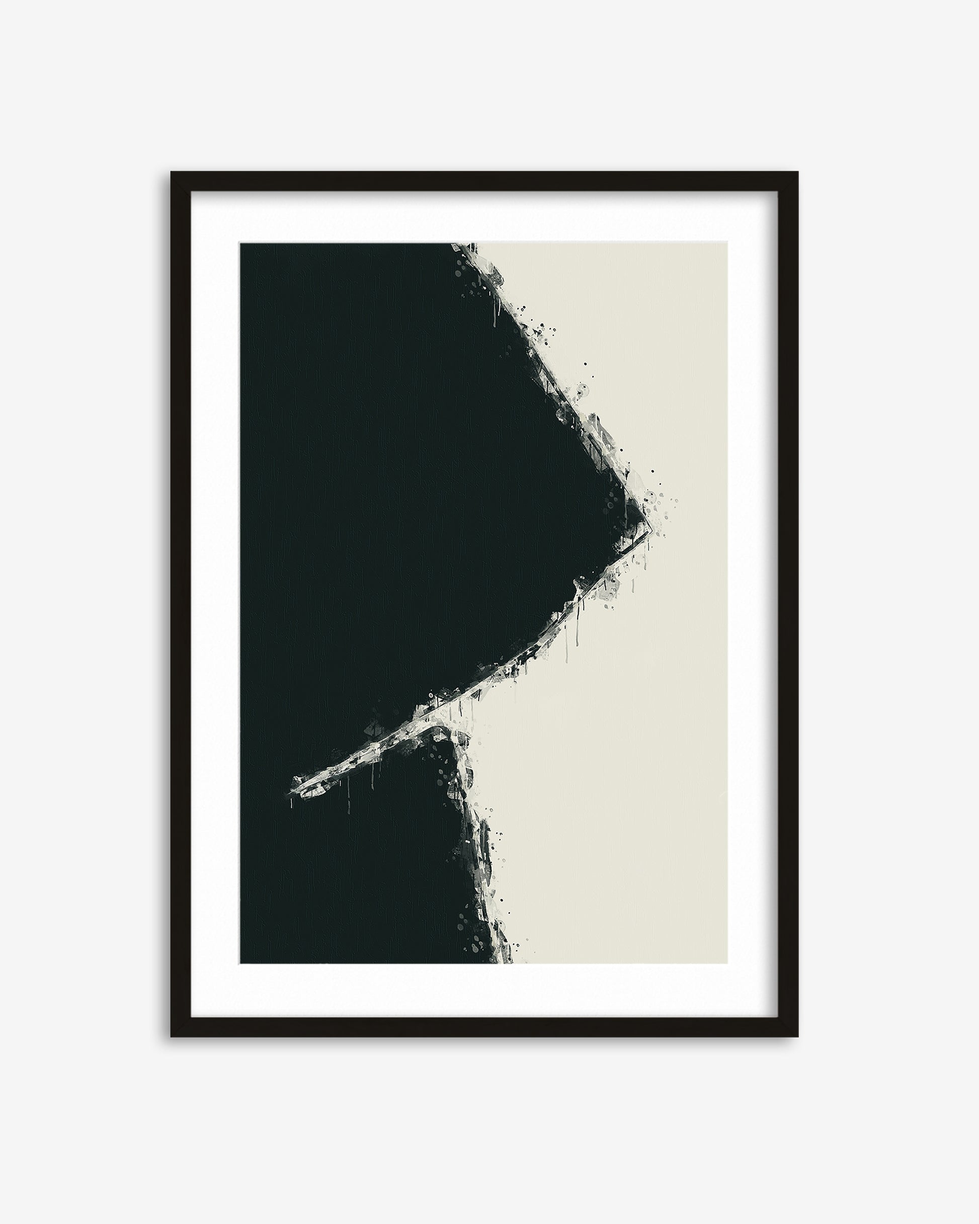 Framed abstract art print with black and white shapes on a white background