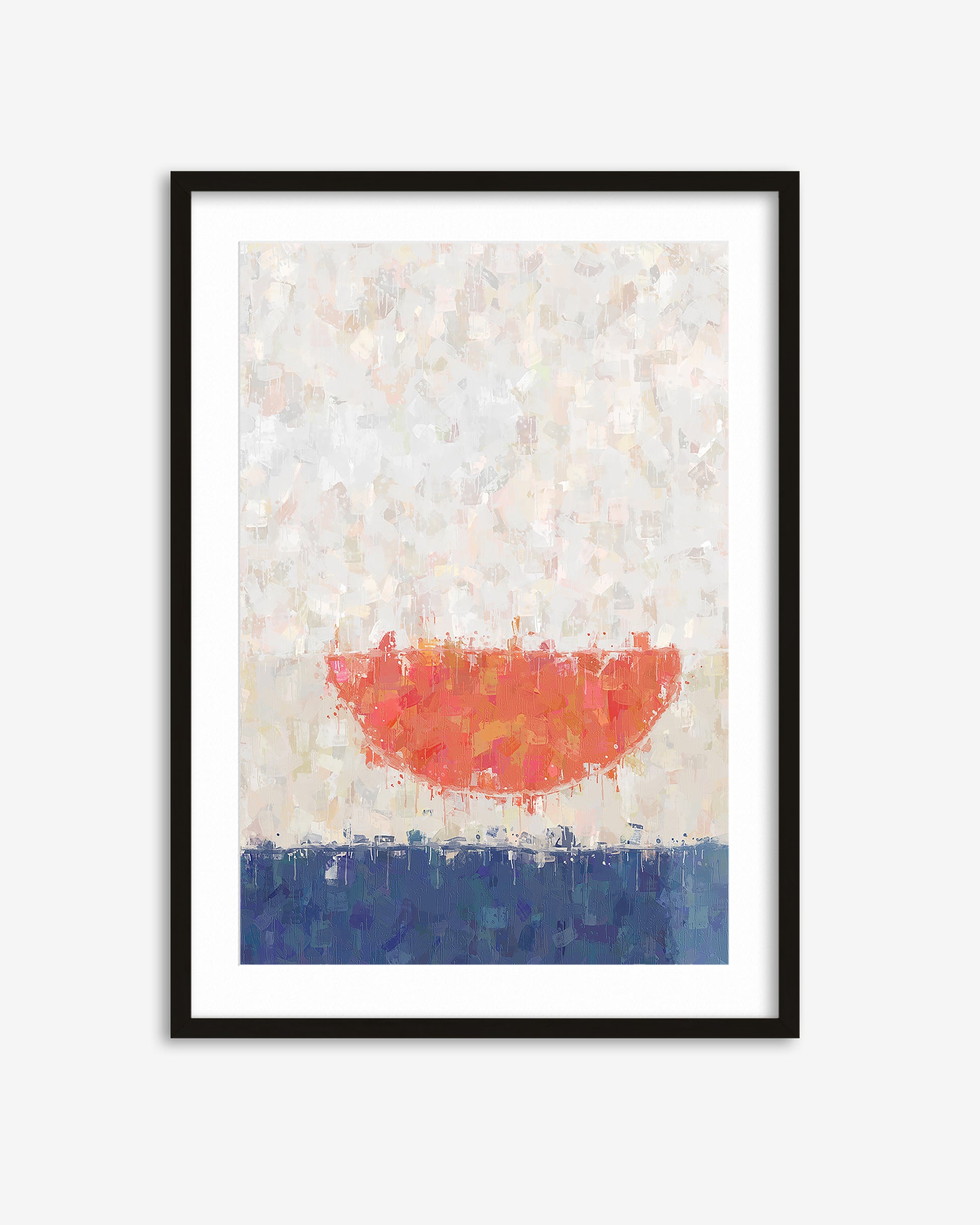 Framed artwork with a red abstract shape on a textured beige and blue background