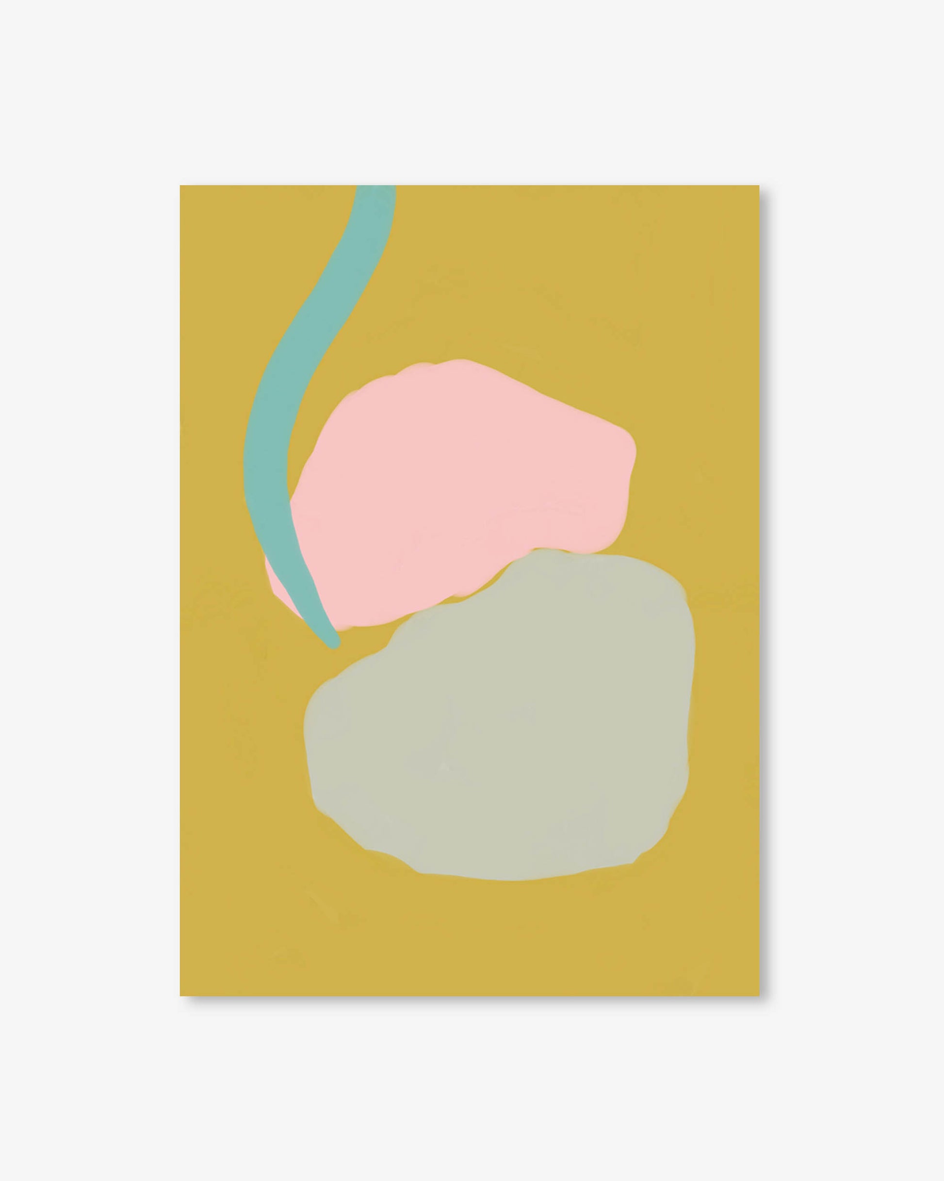 Abstract art print with pink, blue, and gray shapes on a mustard yellow background