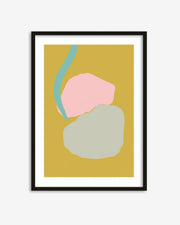 Framed abstract art print with pink, green, and gray shapes on a yellow background