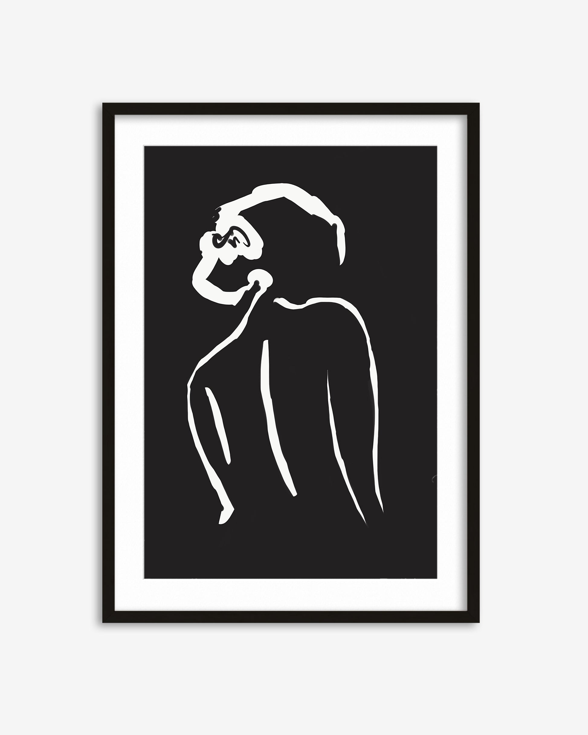 Framed black and white abstract art print of a person on a white background