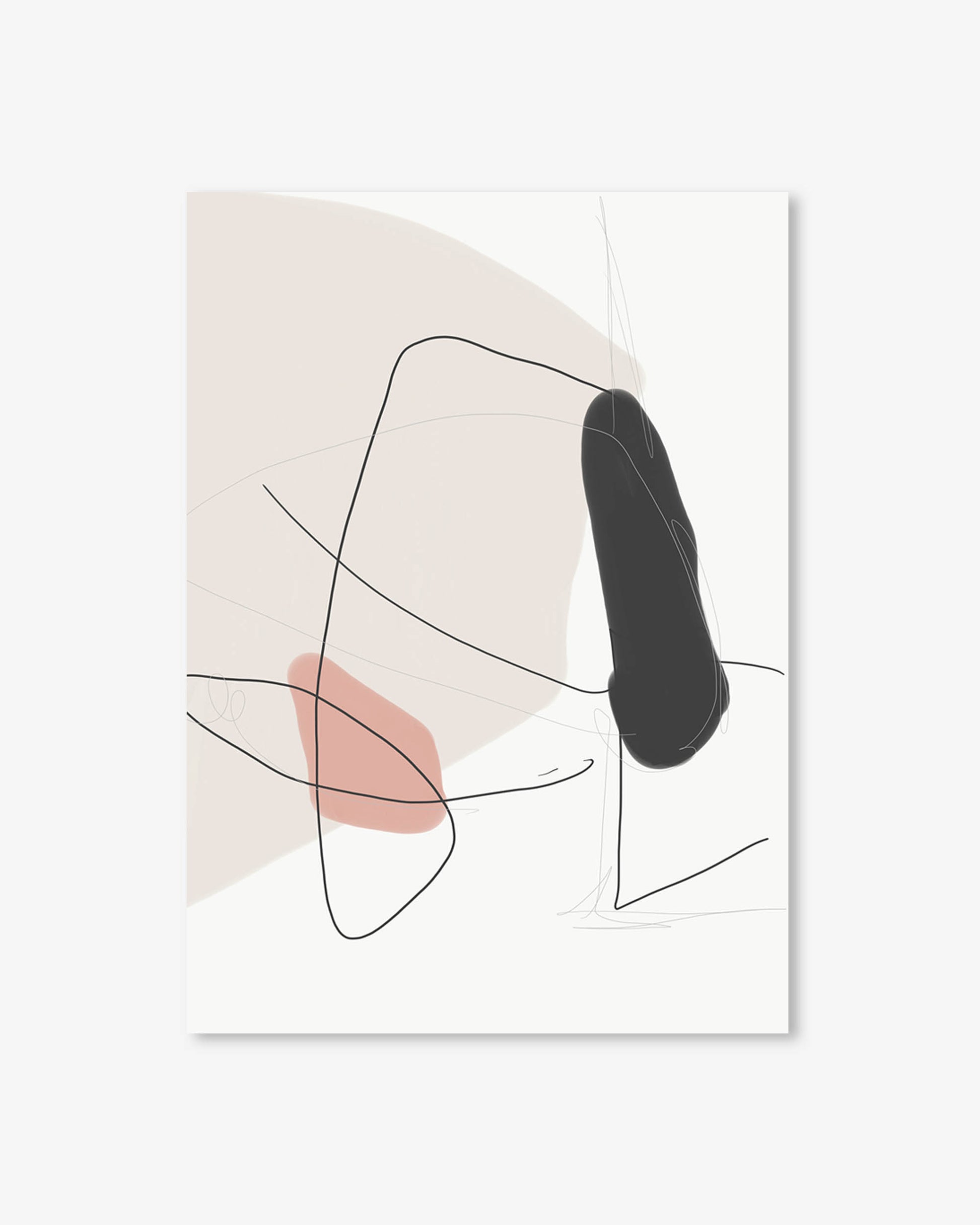 Abstract art print with black lines and shapes on a light pink background