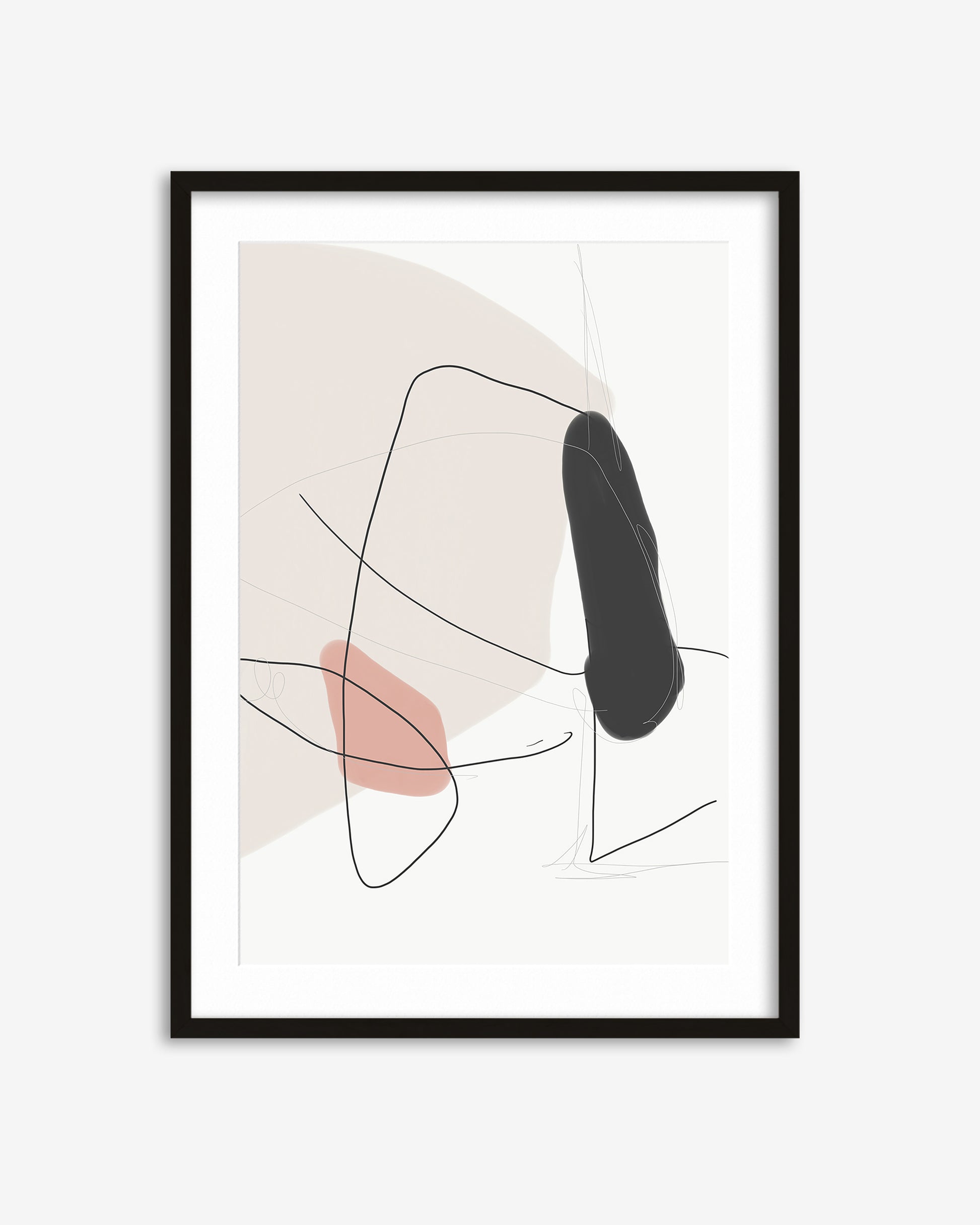 Framed abstract art print with black, pink, and beige shapes on a white background