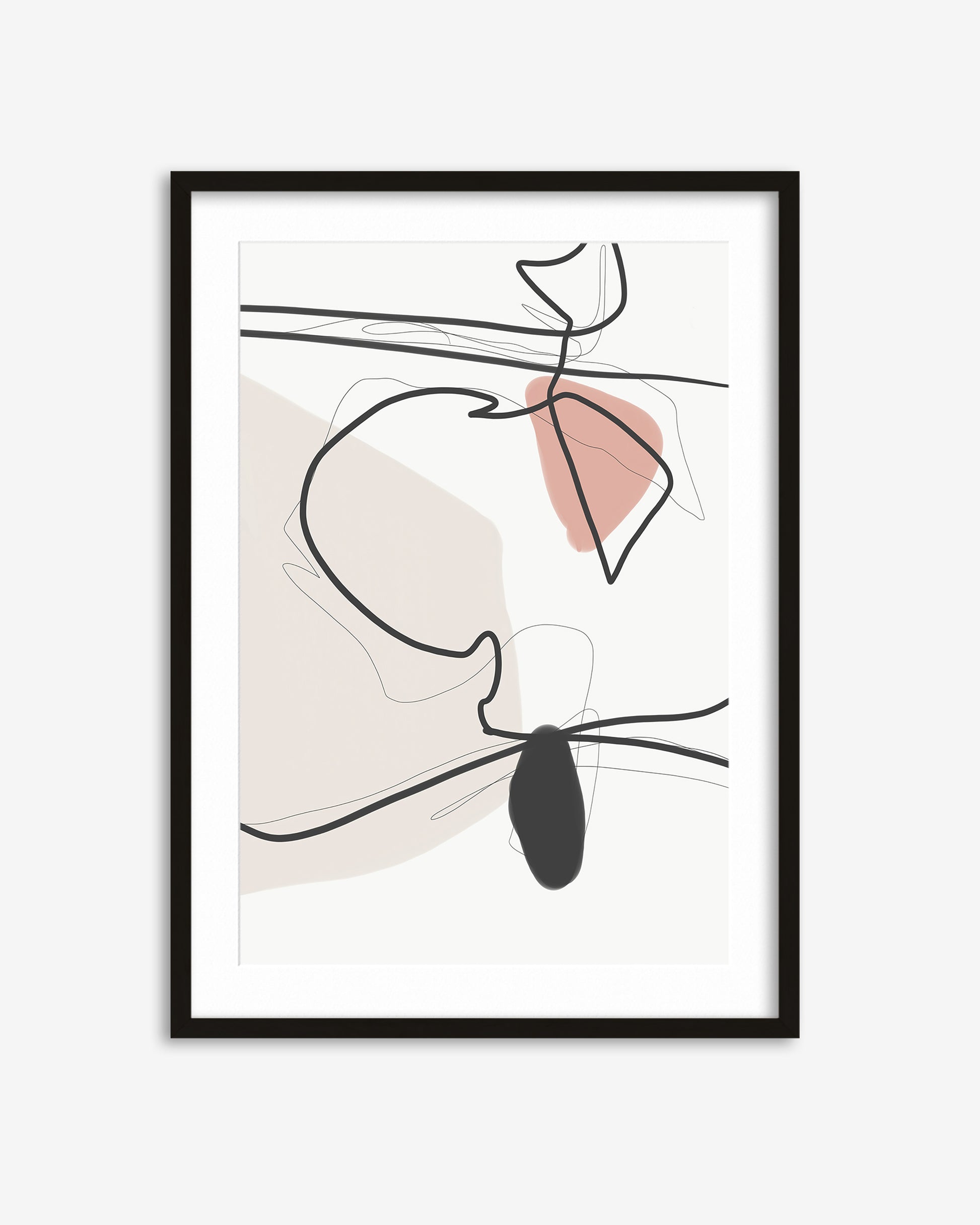Framed abstract art print with black, pink, and beige lines on a white background