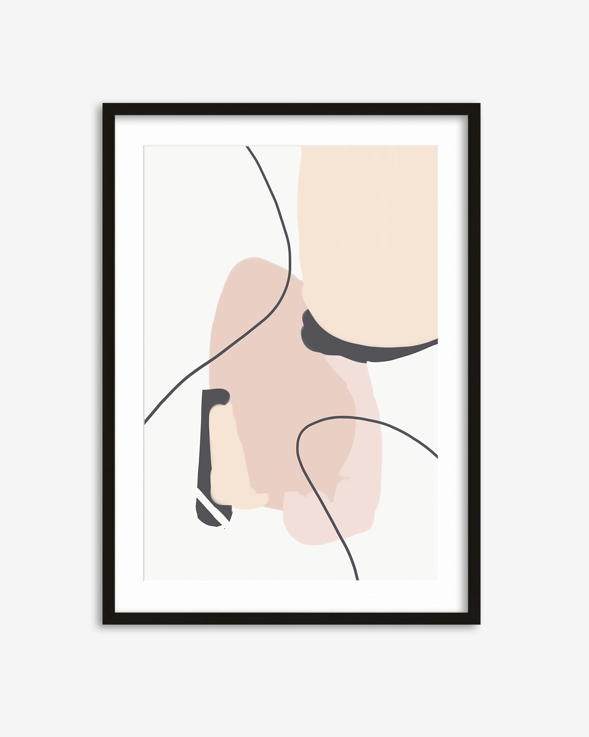 Framed abstract art print with geometric shapes on a white background