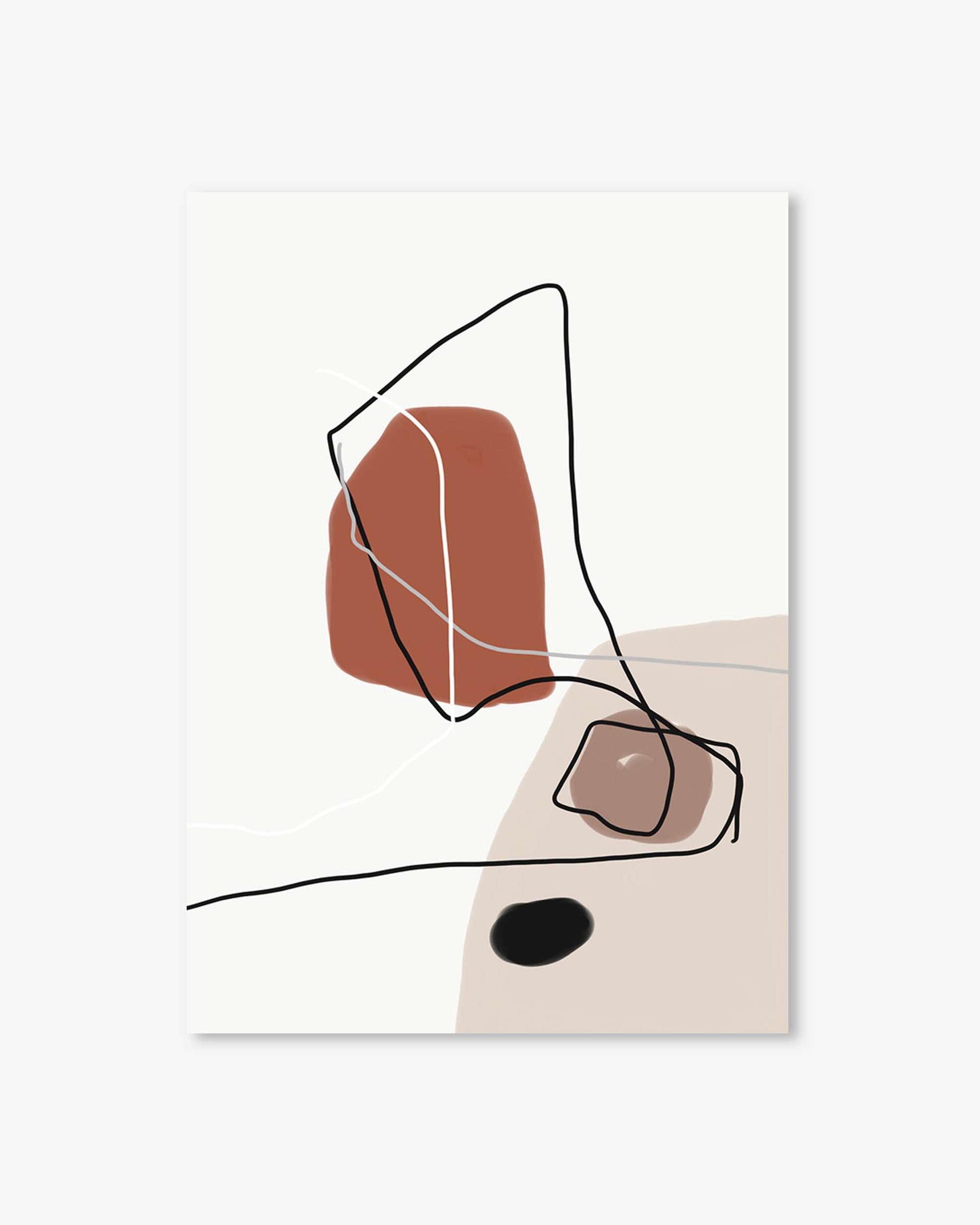 Abstract art print with brown, black, and beige shapes on a white background