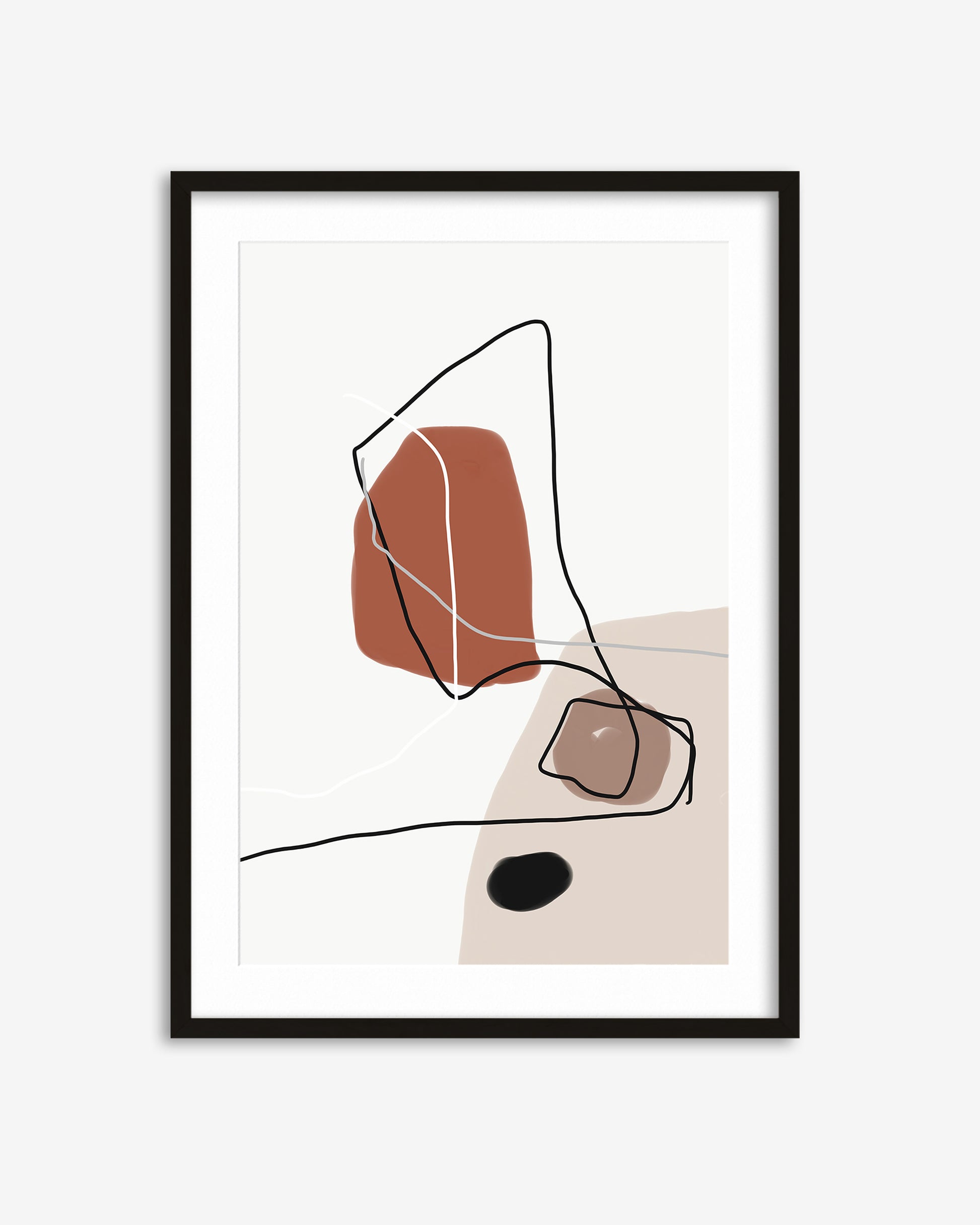 Framed abstract art print with geometric shapes on a white background