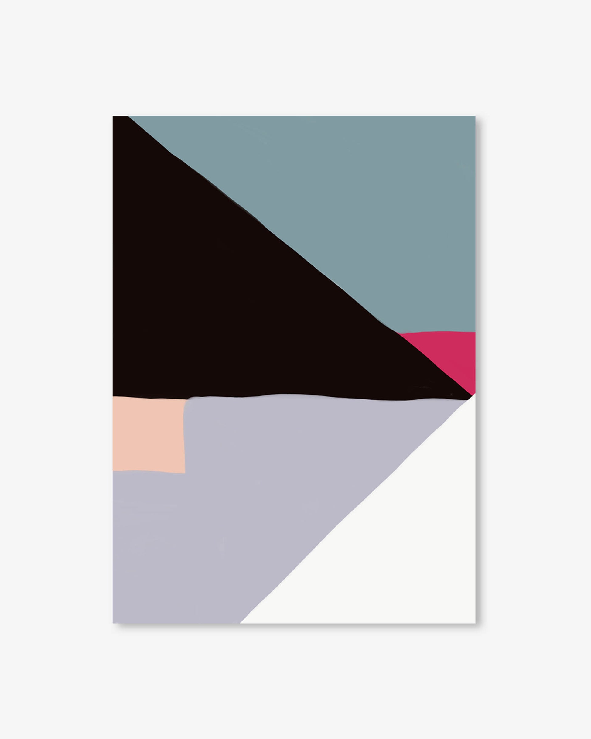 Geometric abstract design with triangles in black, gray, pink, and red on a white background