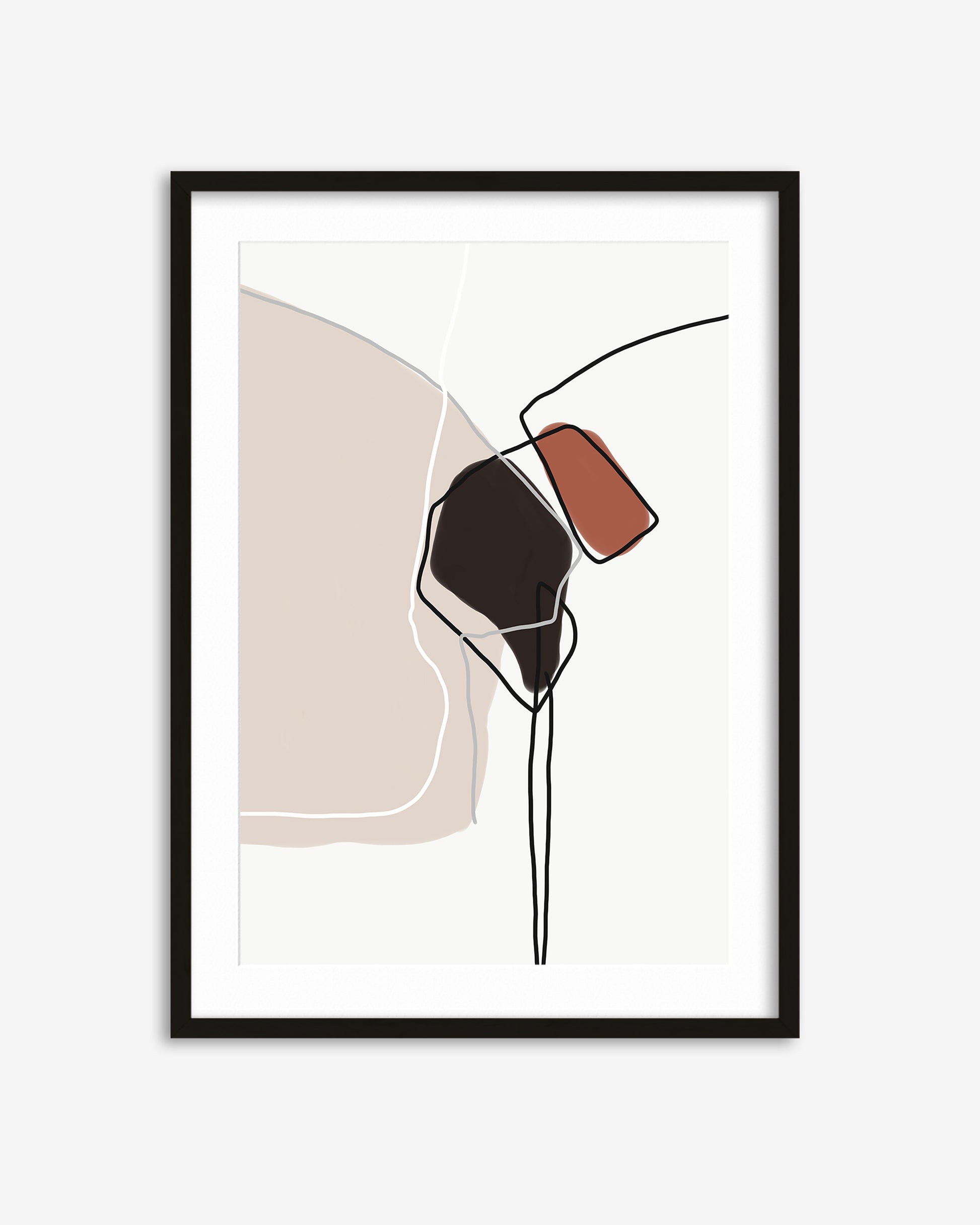 Framed abstract art print with geometric shapes on a white background