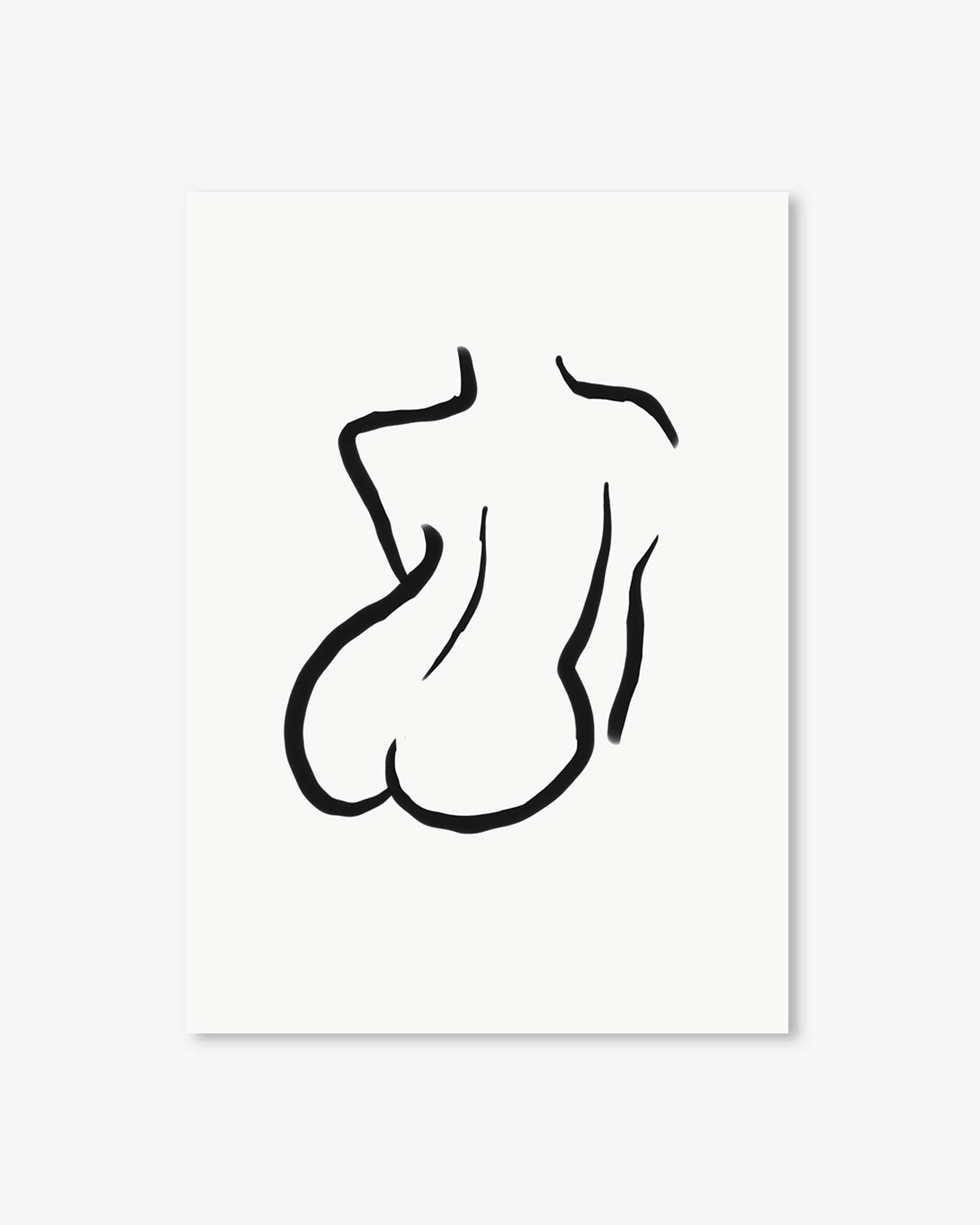Black line drawing of a nude figure on a white background