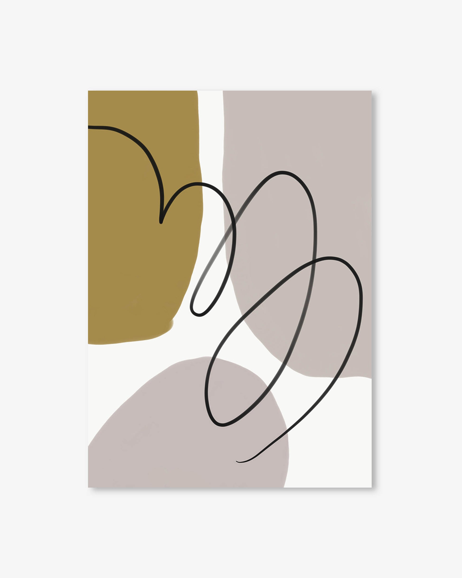 Abstract art print with geometric shapes and a black line on a light gray background