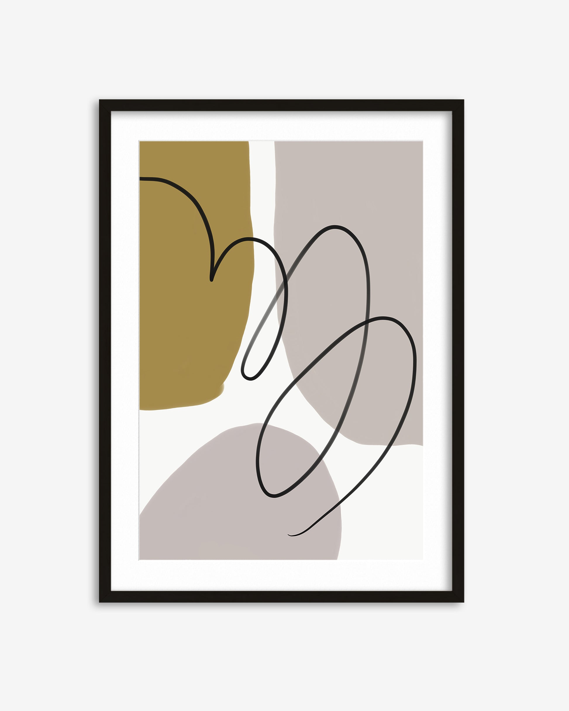 Framed abstract art print with geometric shapes and a black line on a white background