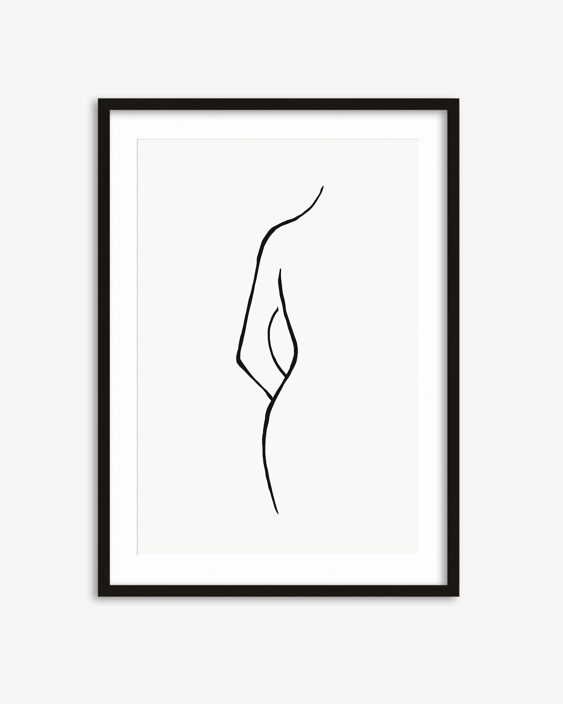 Framed black and white line art of a abstract figure on a white background