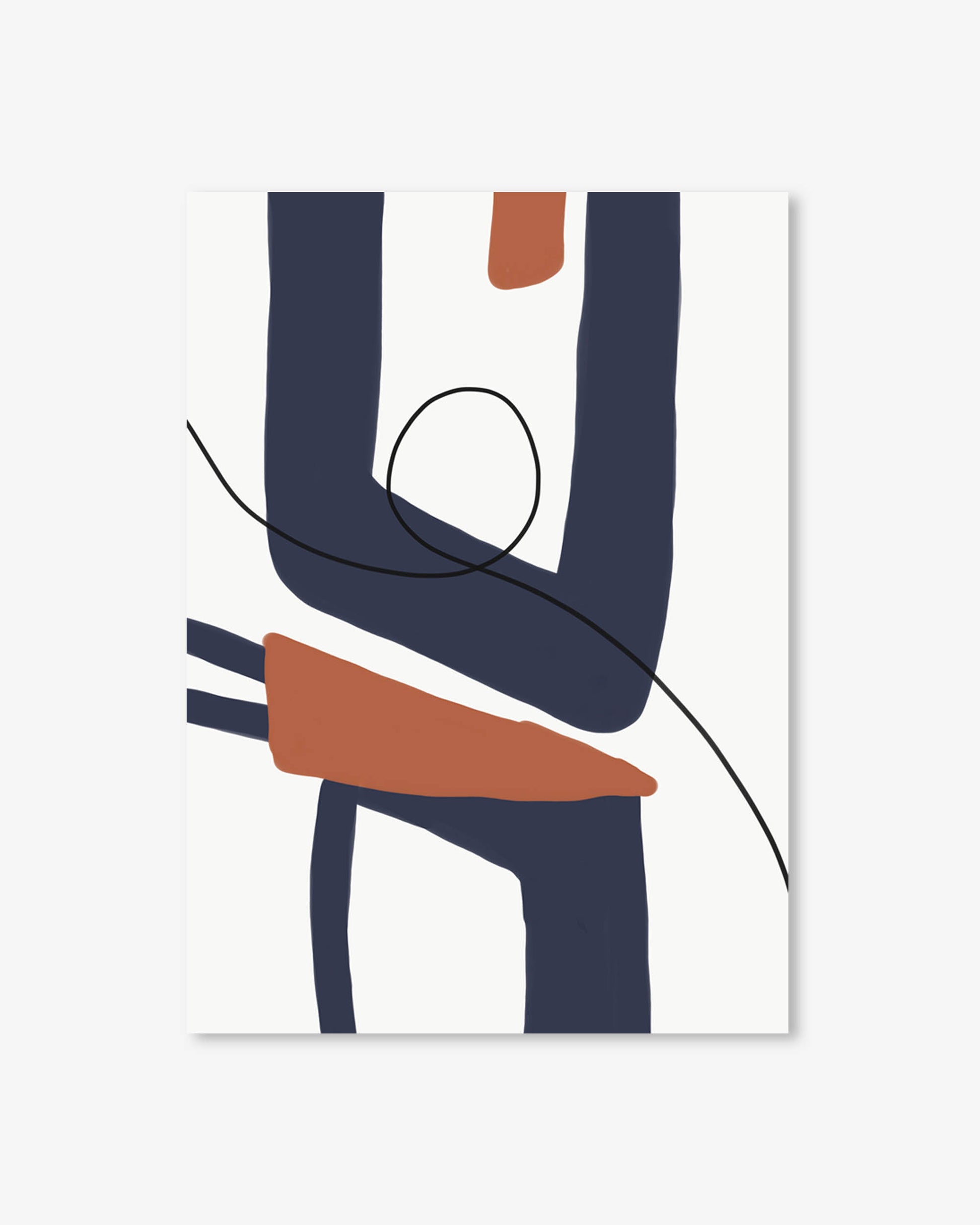 Abstract art piece with blue and brown shapes on a white background