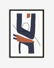 Framed abstract art print with blue and brown shapes on a white background