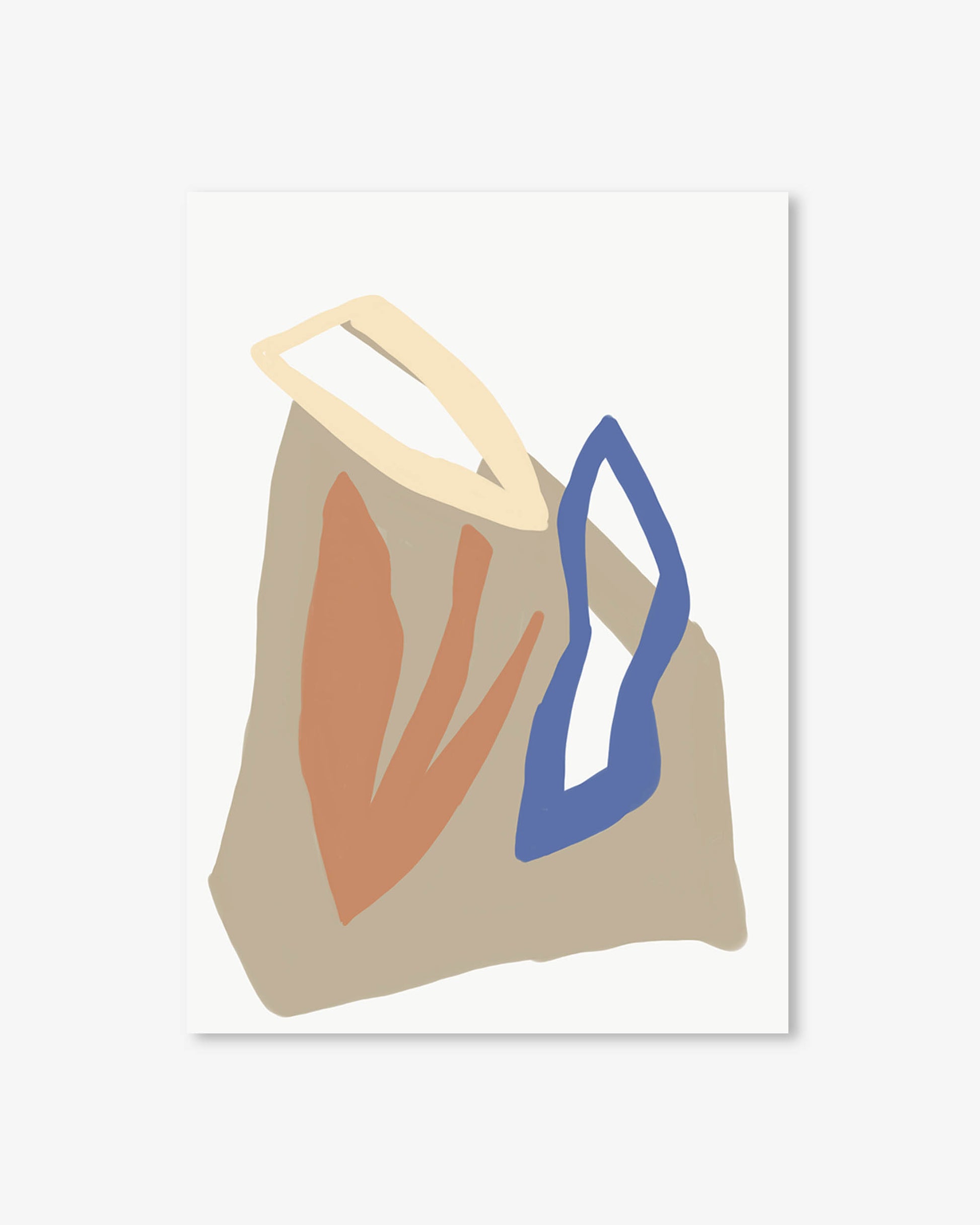Beige tote bag with abstract designs in orange and blue on a white background