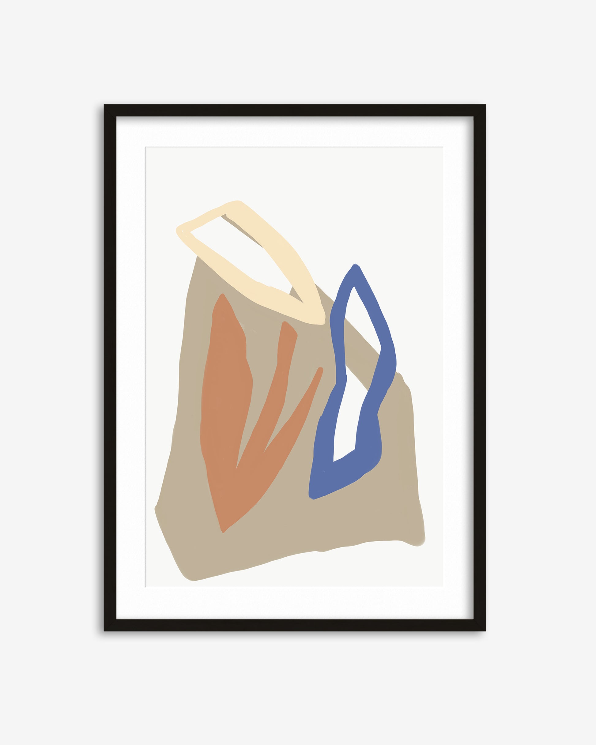 Framed abstract art print with geometric shapes on a white background
