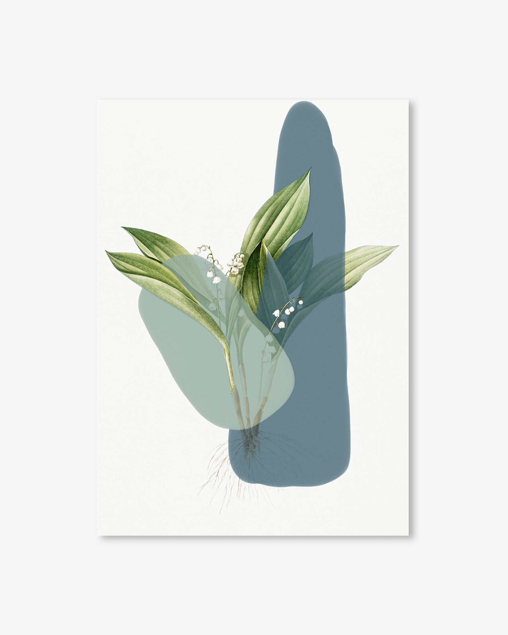 Art print with abstract green and blue shapes on a white background
