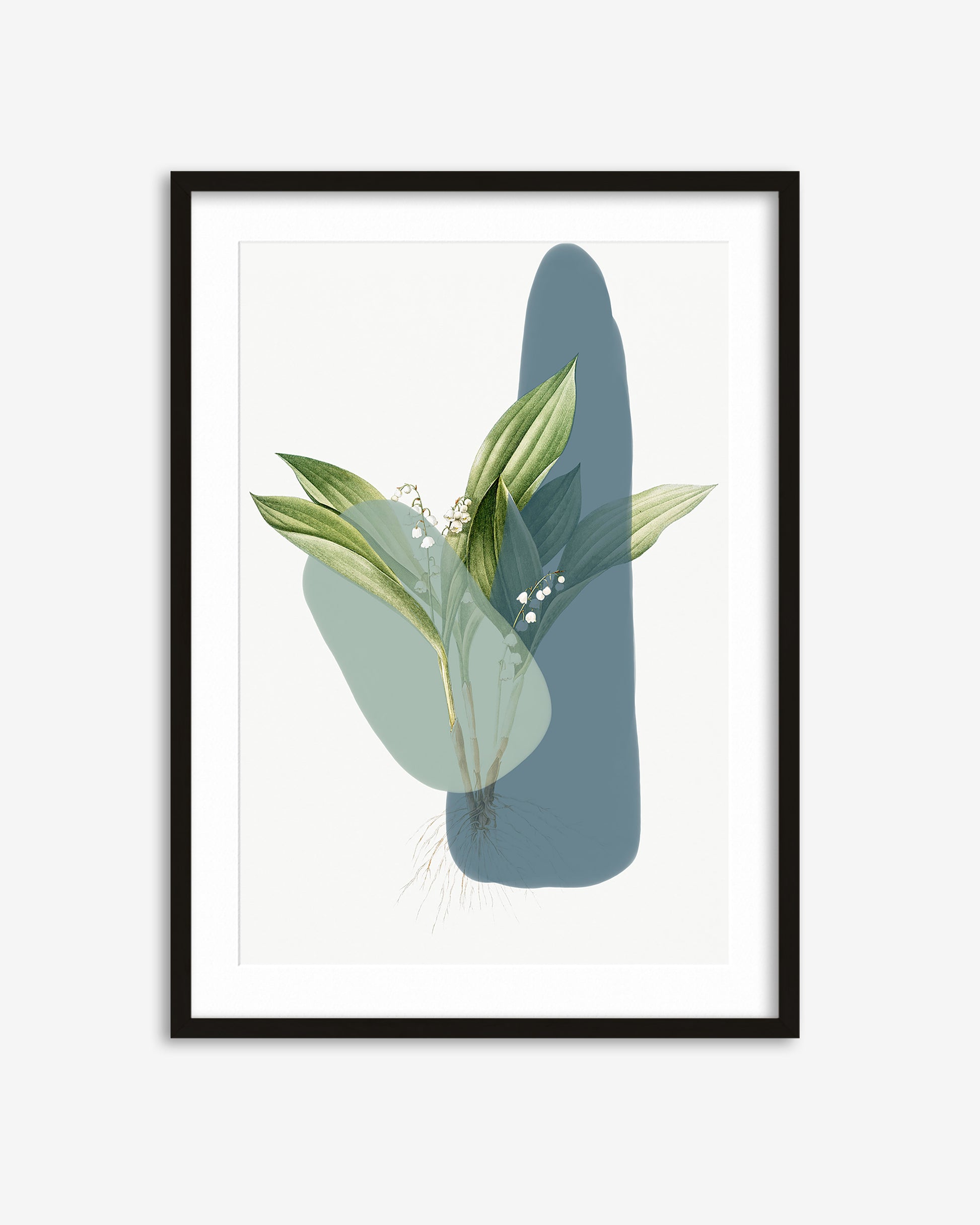 Framed artwork with abstract green and blue shapes on a white background