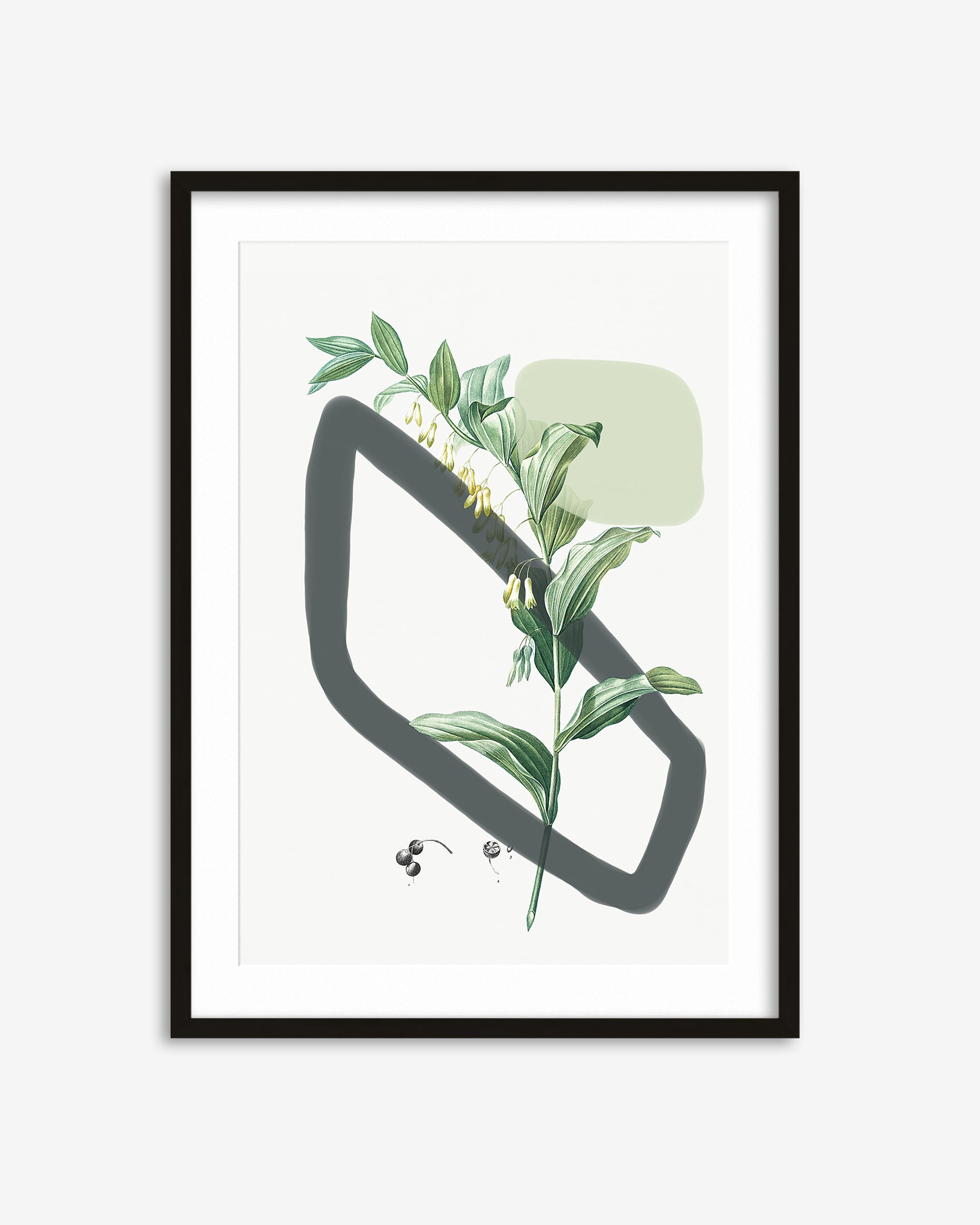 Framed artwork with a green plant design and abstract black shape on a white background