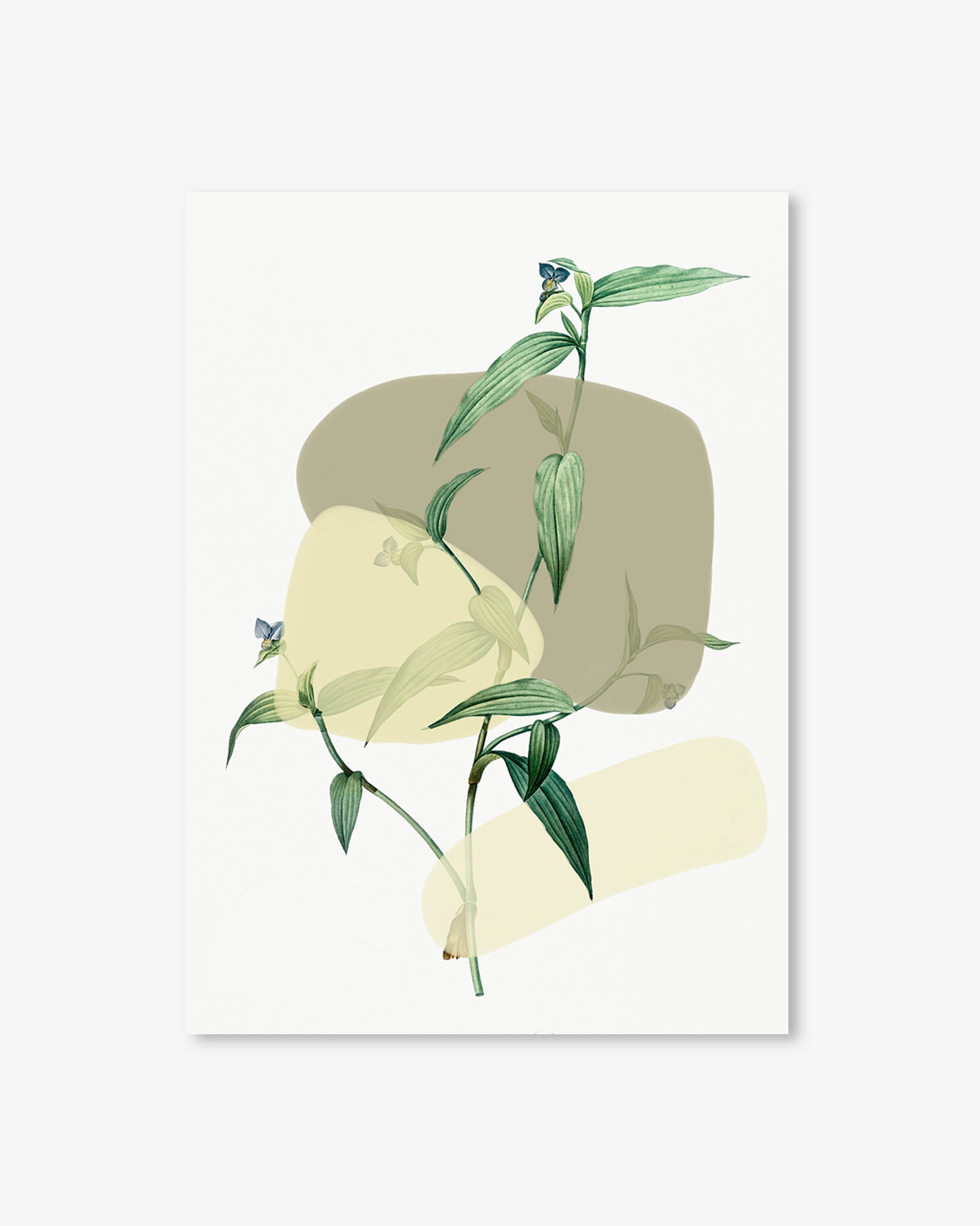 Art print with abstract shapes and green leaves on a white background