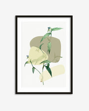 Framed artwork with abstract green and beige shapes on a white background