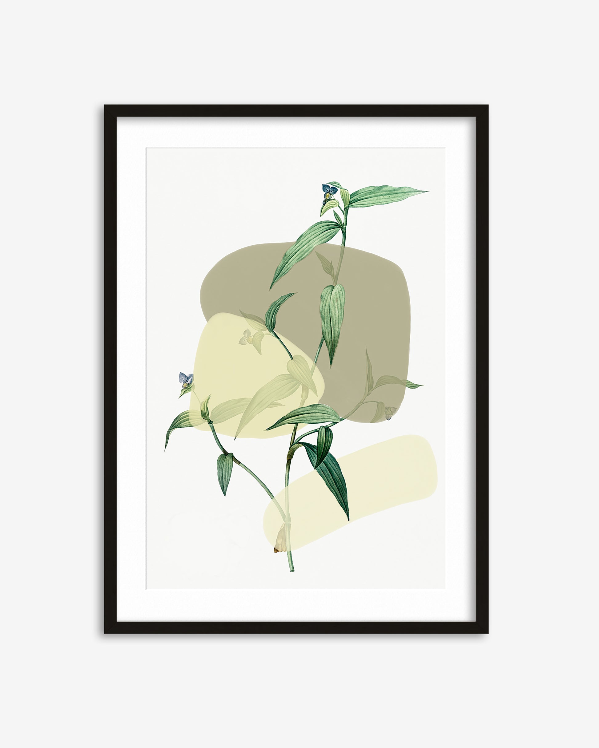 Framed artwork with abstract green and beige shapes on a white background