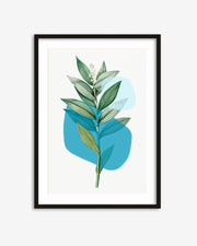 Framed artwork with green leaves on a blue background
