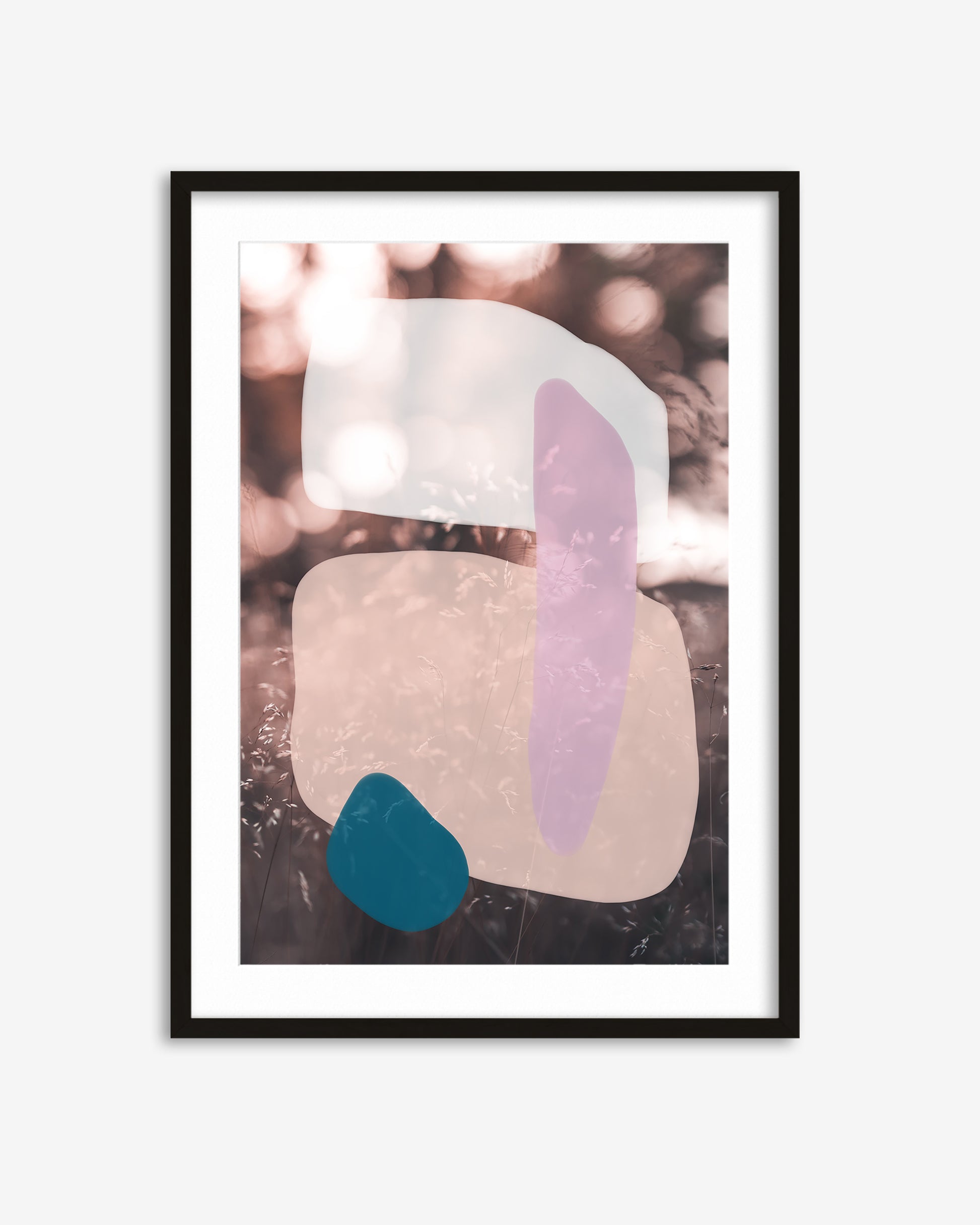Framed abstract art print with geometric shapes on a white background