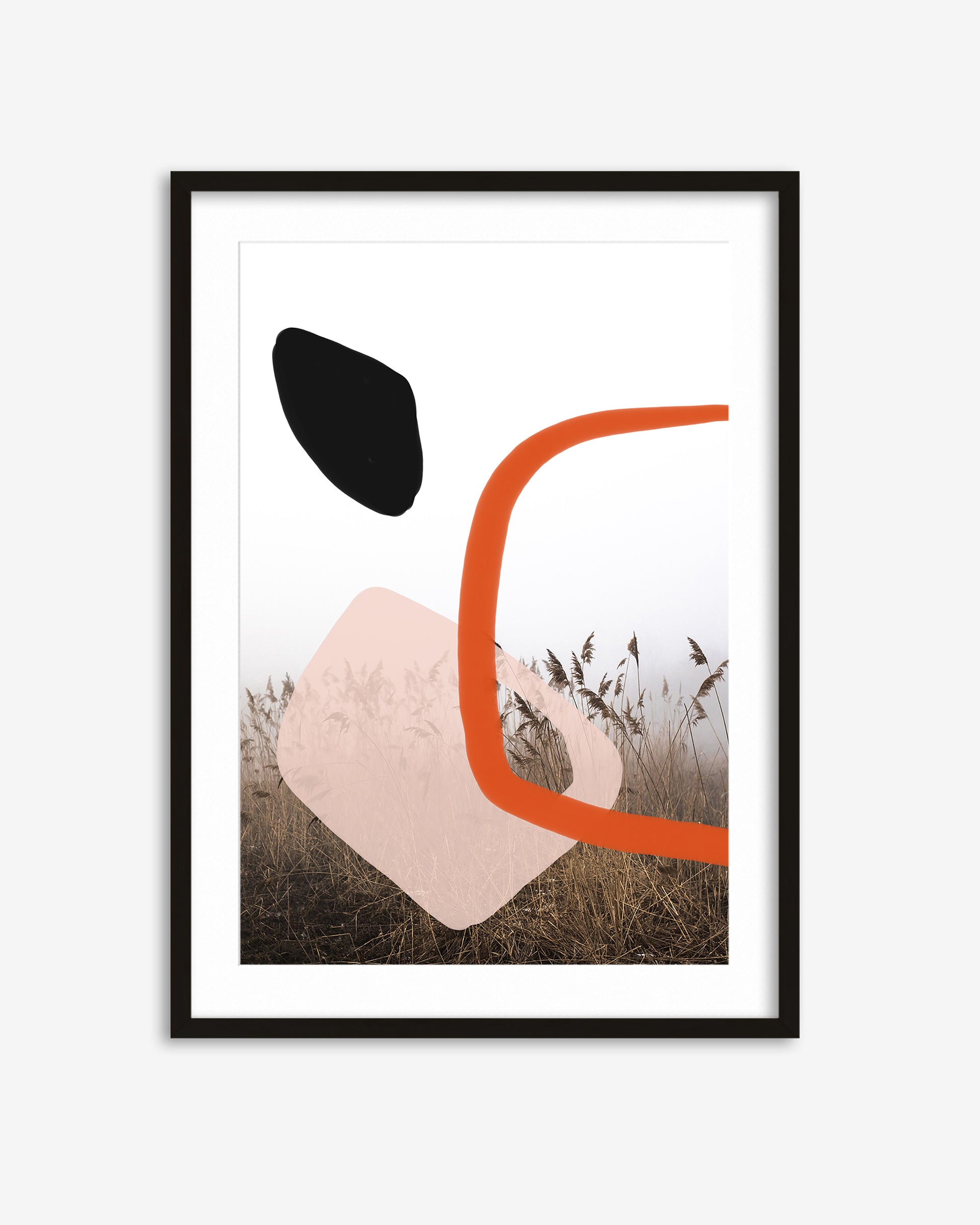 Framed abstract art print with geometric shapes on a white background