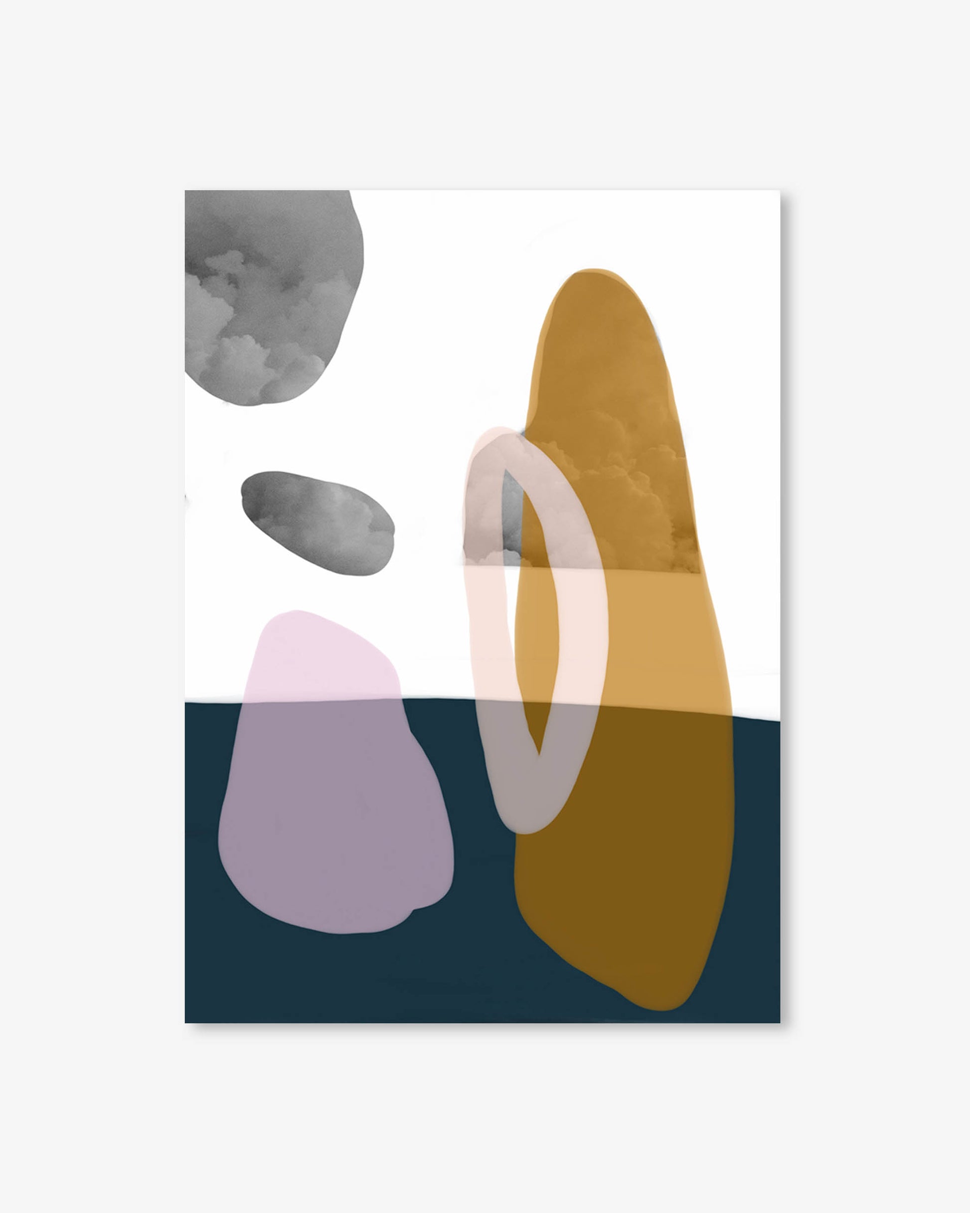 Abstract art print with geometric shapes in various colors on a white background